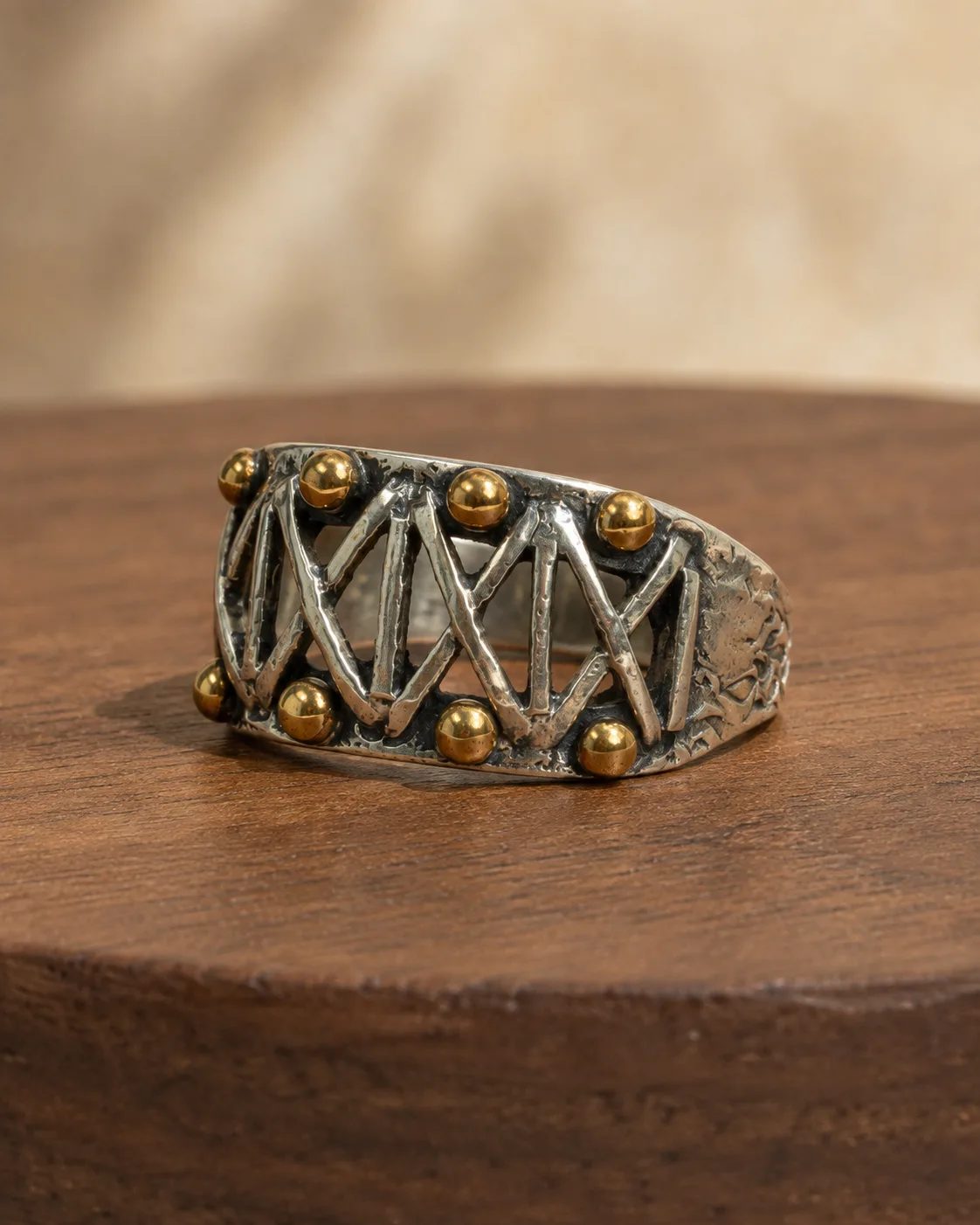 Openwork Zigzag Silver Band Ring with Bronze Studs
