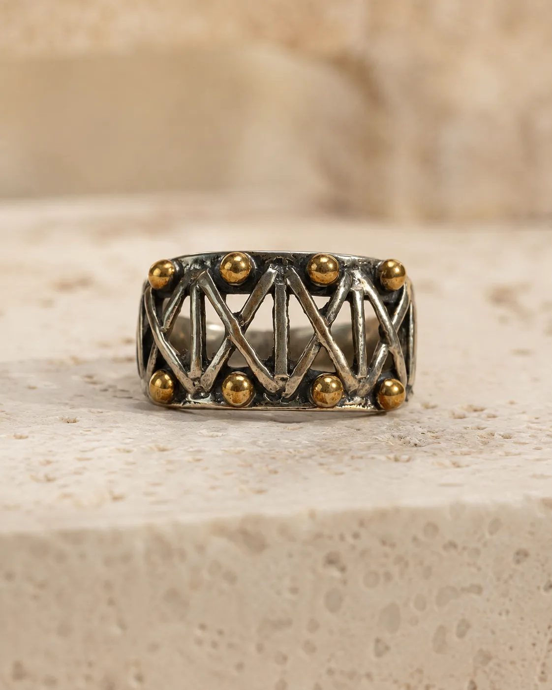 Openwork Zigzag Silver Band Ring with Bronze Studs