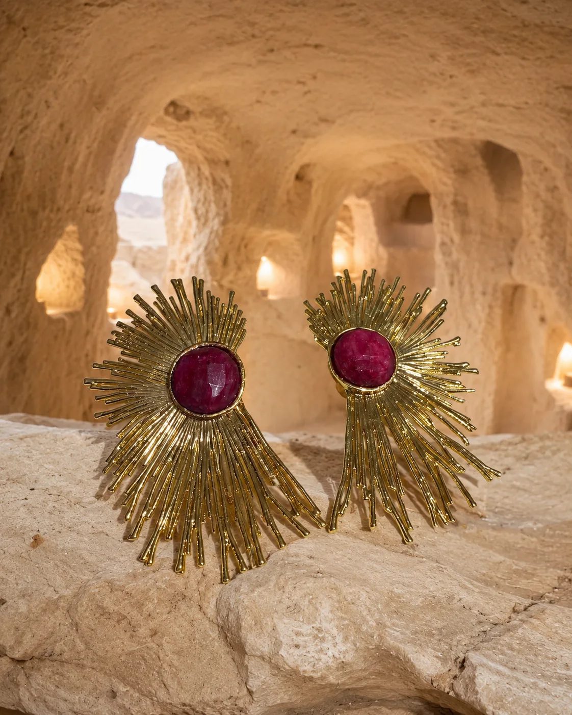 Pink Jade Sunburst Gold Plated Brass Earrings