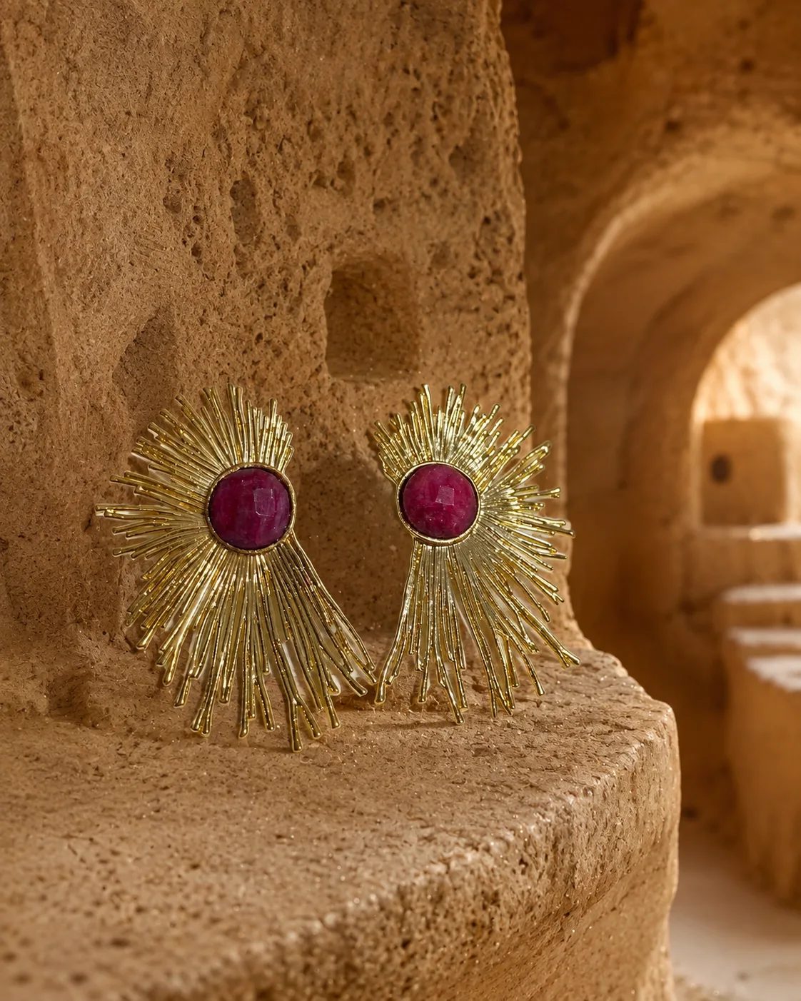 Pink Jade Sunburst Gold Plated Brass Earrings