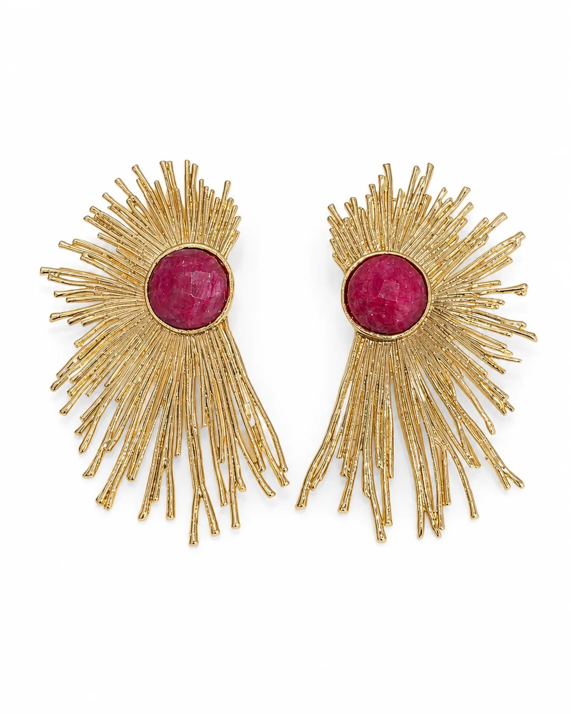 Gold plated brass sunburst statement earrings with round pink jade center stones