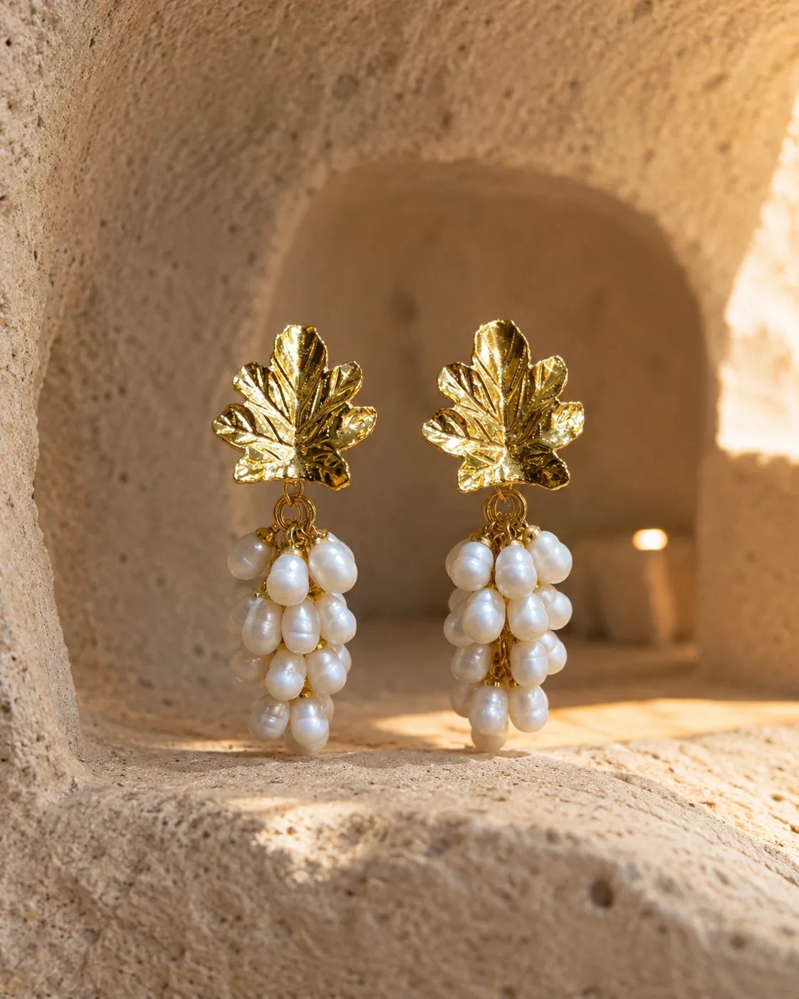 Pearl Cluster Brass Earrings