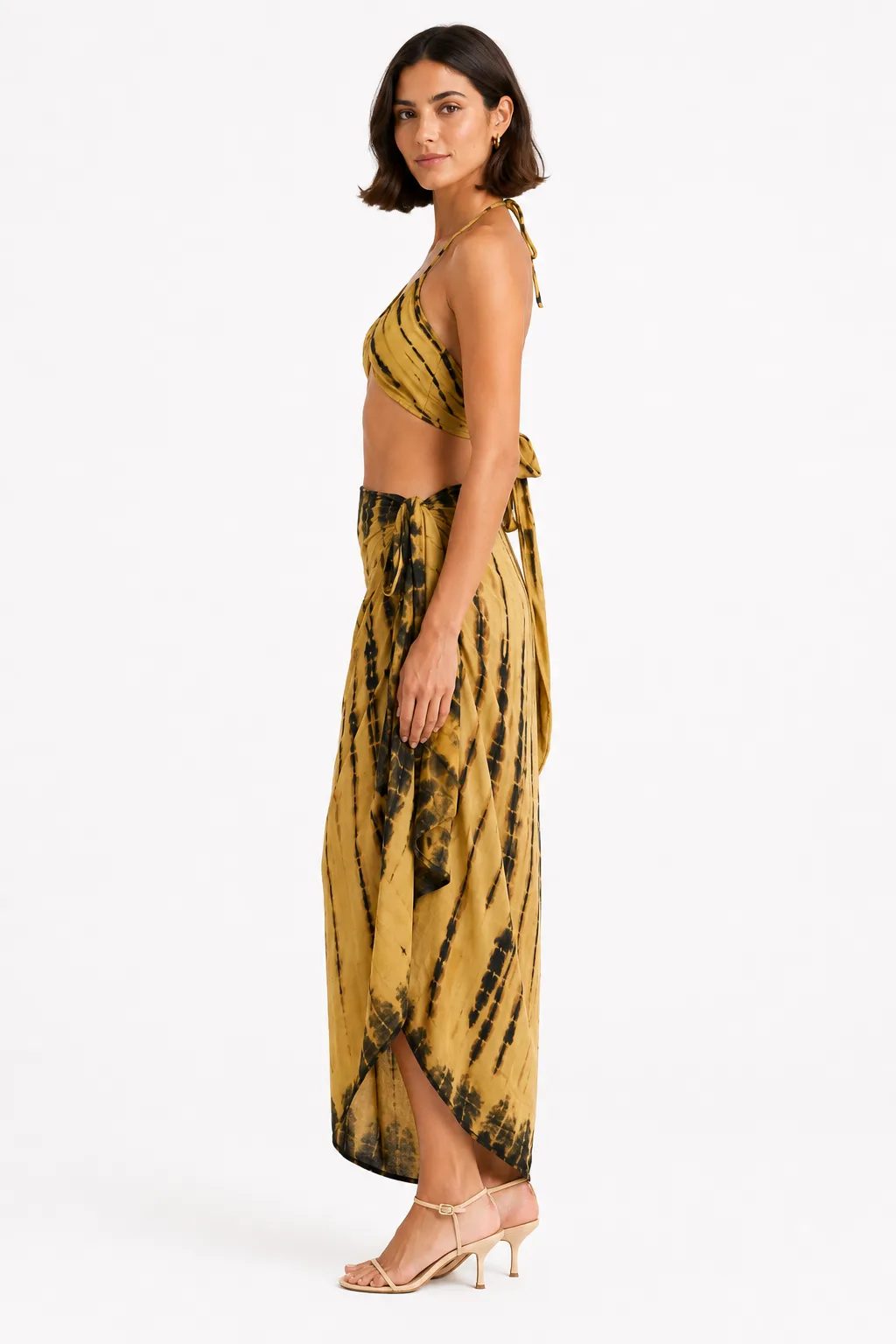 Sapheen halter crop top and matching wrap skirt in tie-dye inspired print