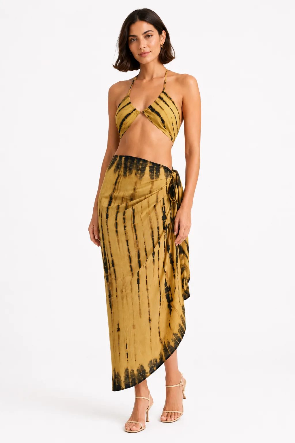 Open-back halter top and wrap skirt rear view