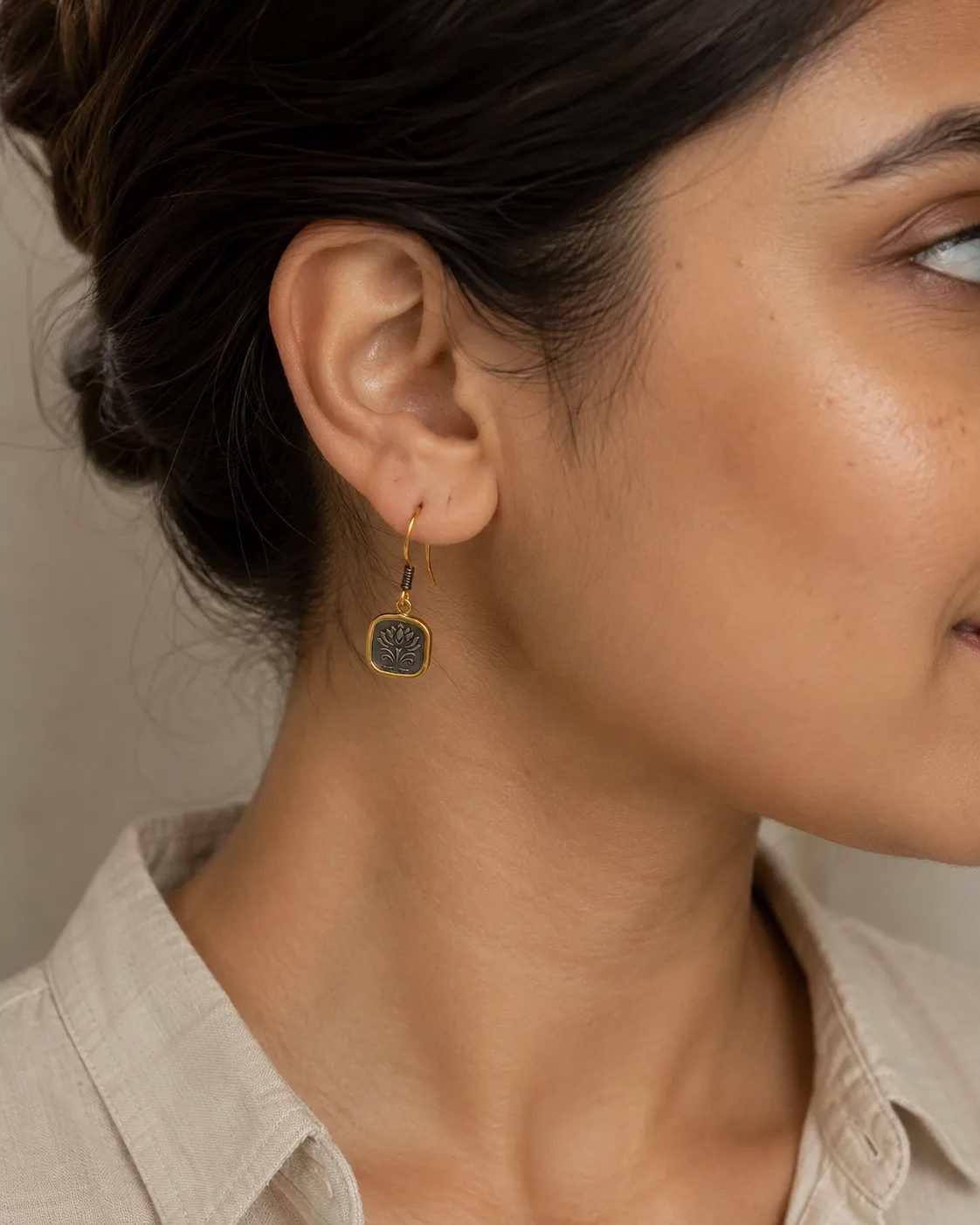 Lotus Motif Sterling Silver Gold Plated Drop Earrings