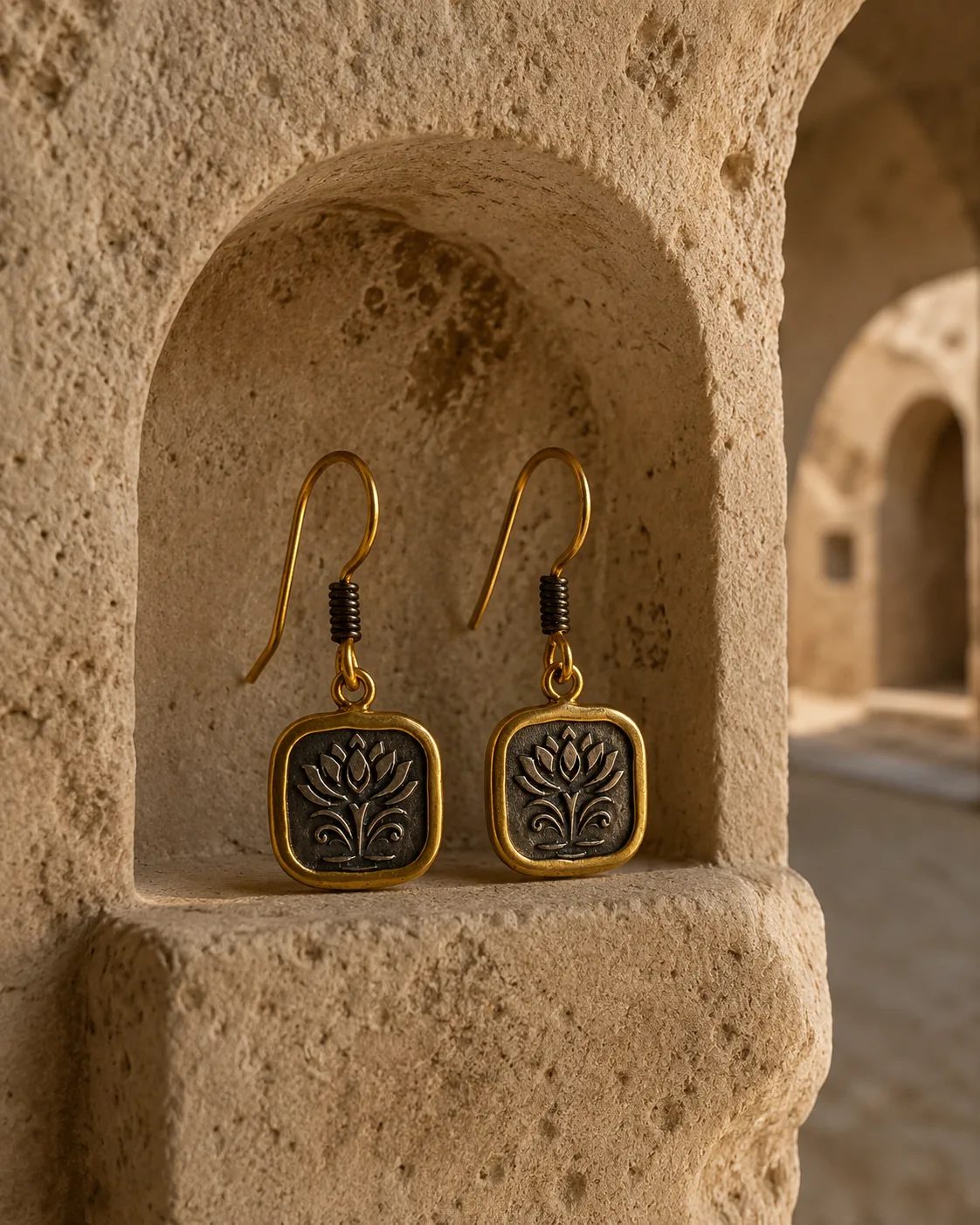 Lotus Motif Sterling Silver Gold Plated Drop Earrings