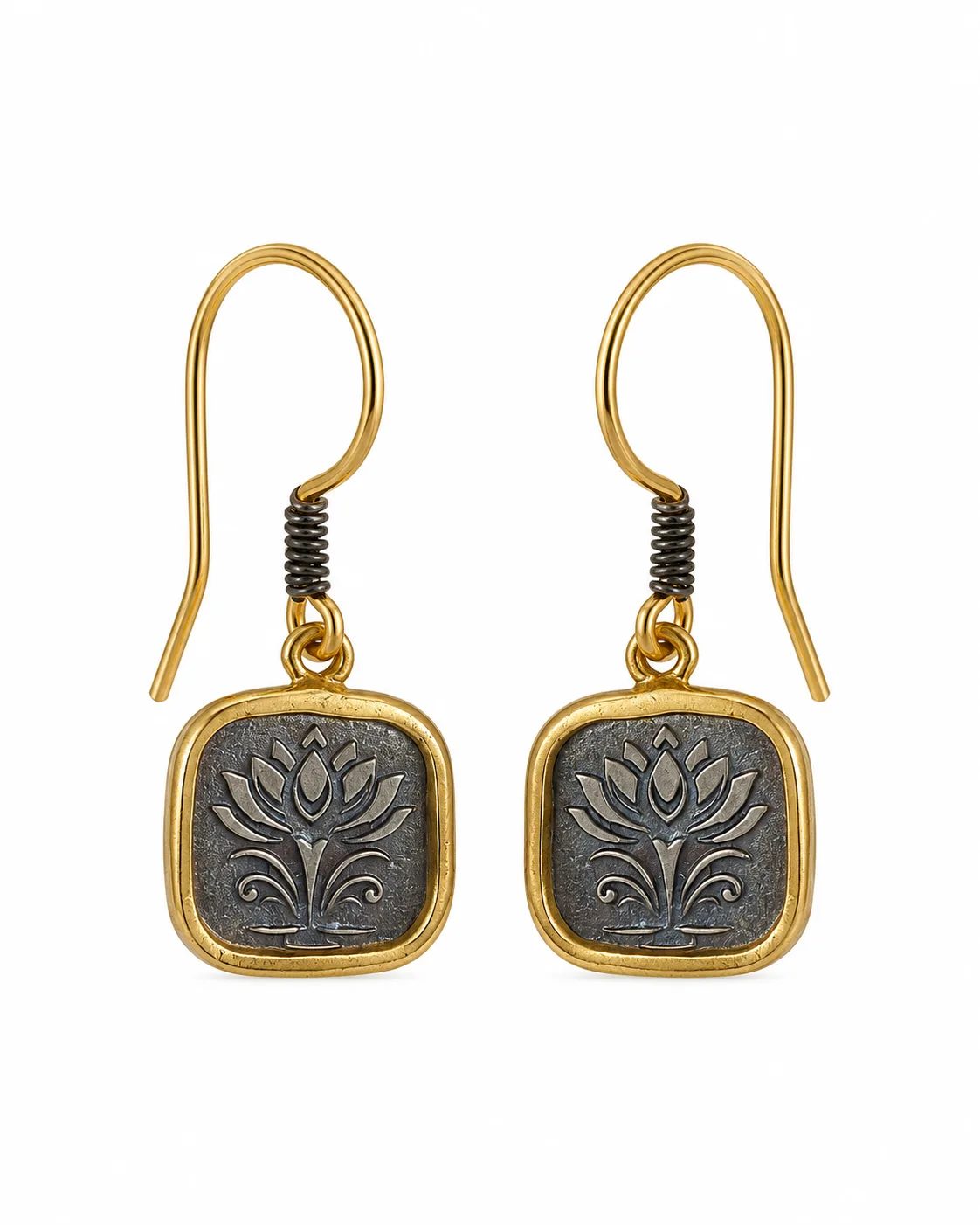 Gold plated sterling silver drop earrings with a lotus flower motif and oxidized square design on a white background