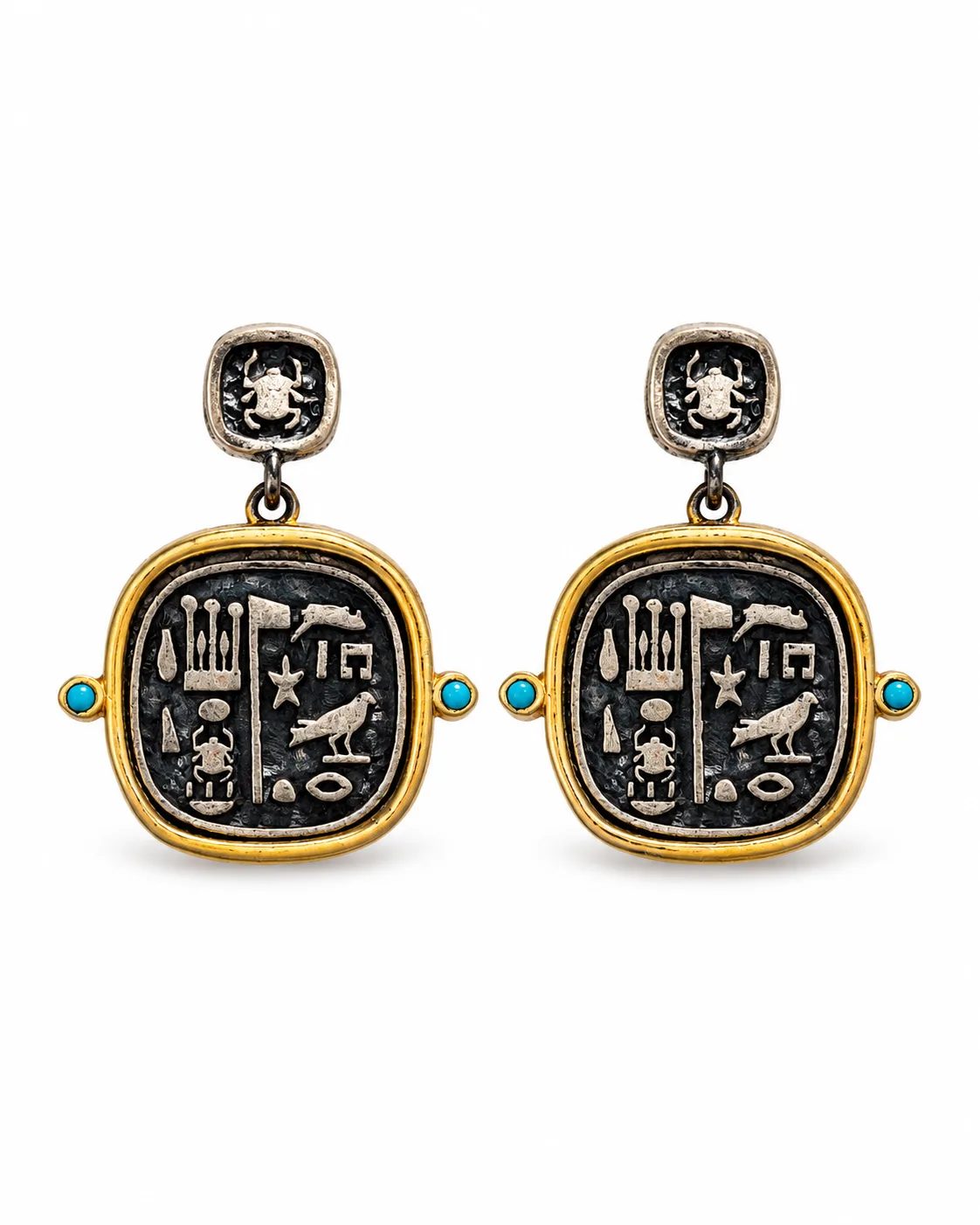 Gold-plated sterling silver Egyptian hieroglyph drop earrings with scarab motifs, oxidized details and turquoise-colored accents on a white background