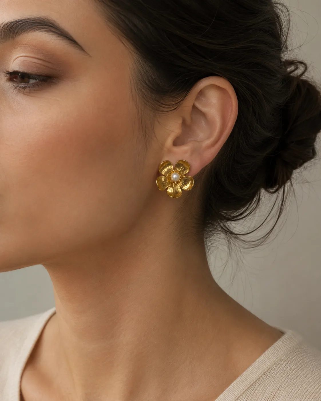 Pearl Gold Plated Brass Floral Statement Earrings