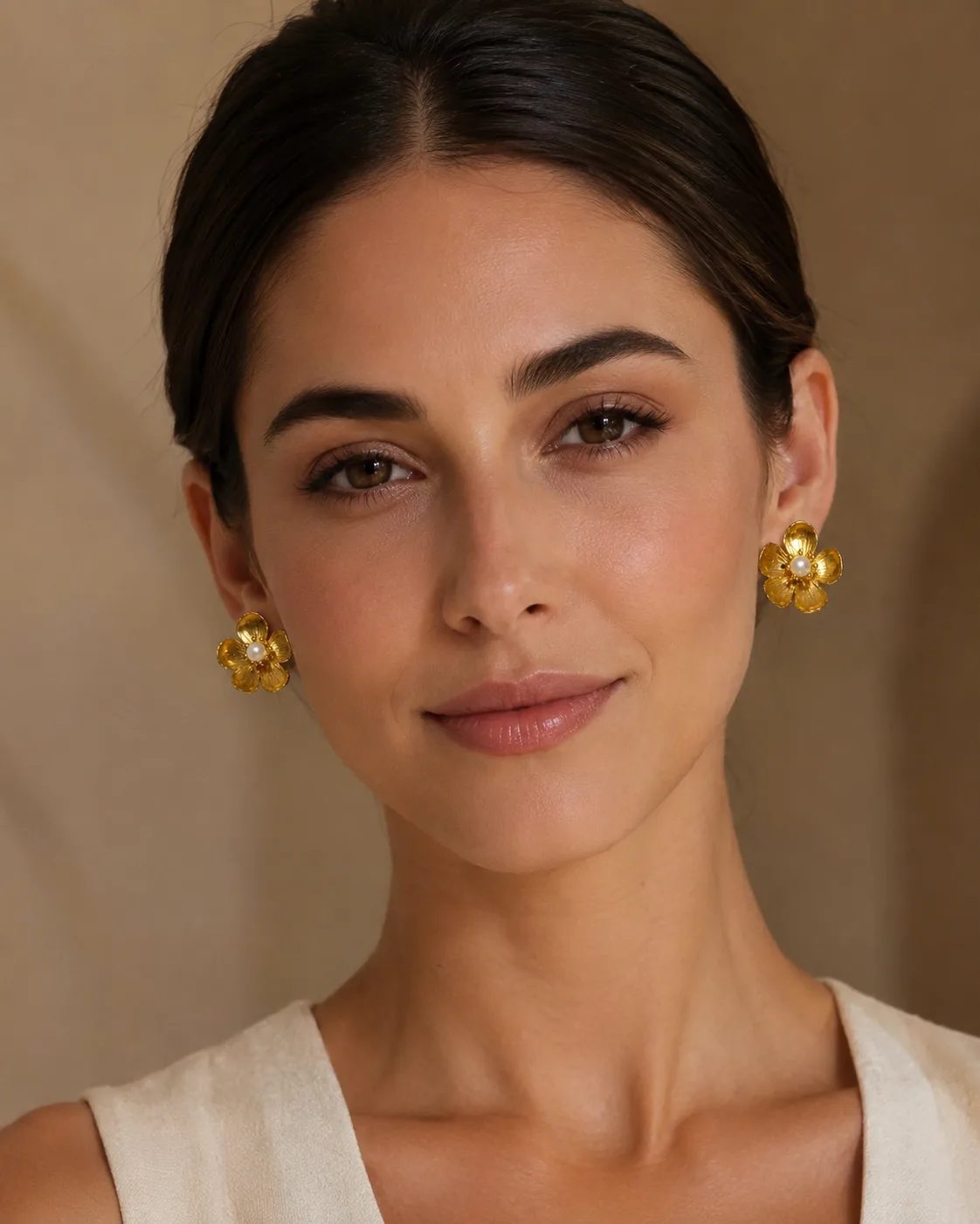 Pearl Gold Plated Brass Floral Statement Earrings