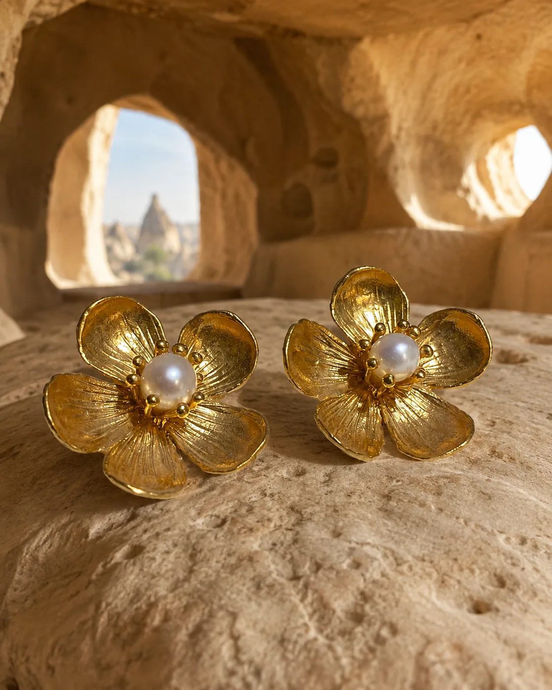 Pearl Gold Plated Brass Floral Statement Earrings