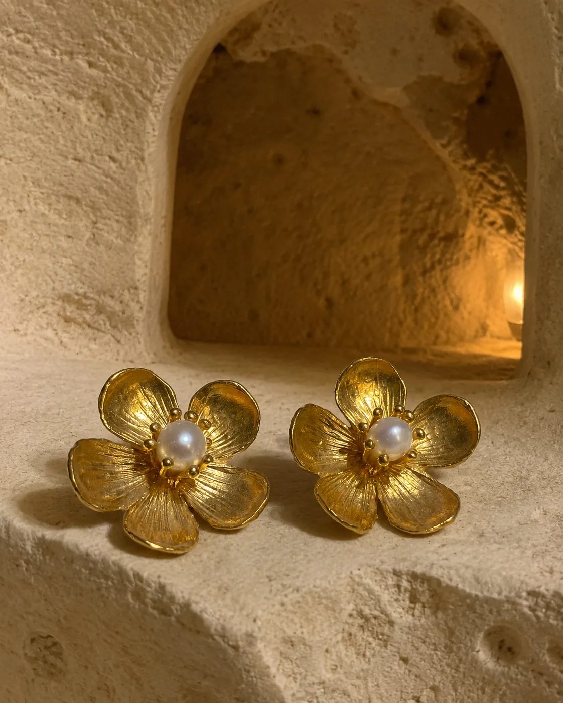 Pearl Gold Plated Brass Floral Statement Earrings