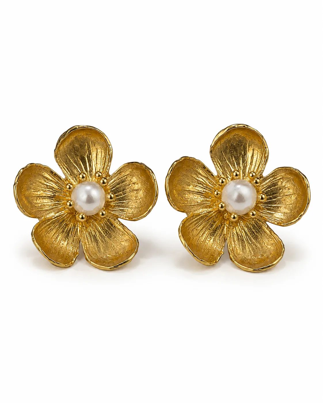 Pearl gold-plated brass floral statement earrings with round white pearl centers and textured five-petal gold flowers