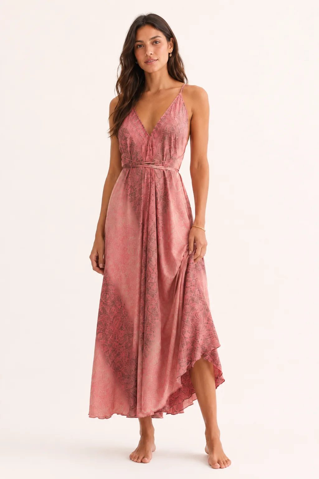 Rose Horizon dusty pink silk maxi dress front view