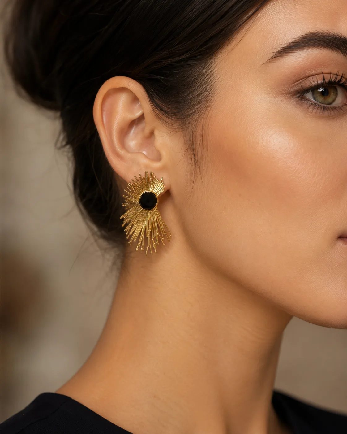 Black Onyx Gold Plated Brass Sunburst Statement Earrings