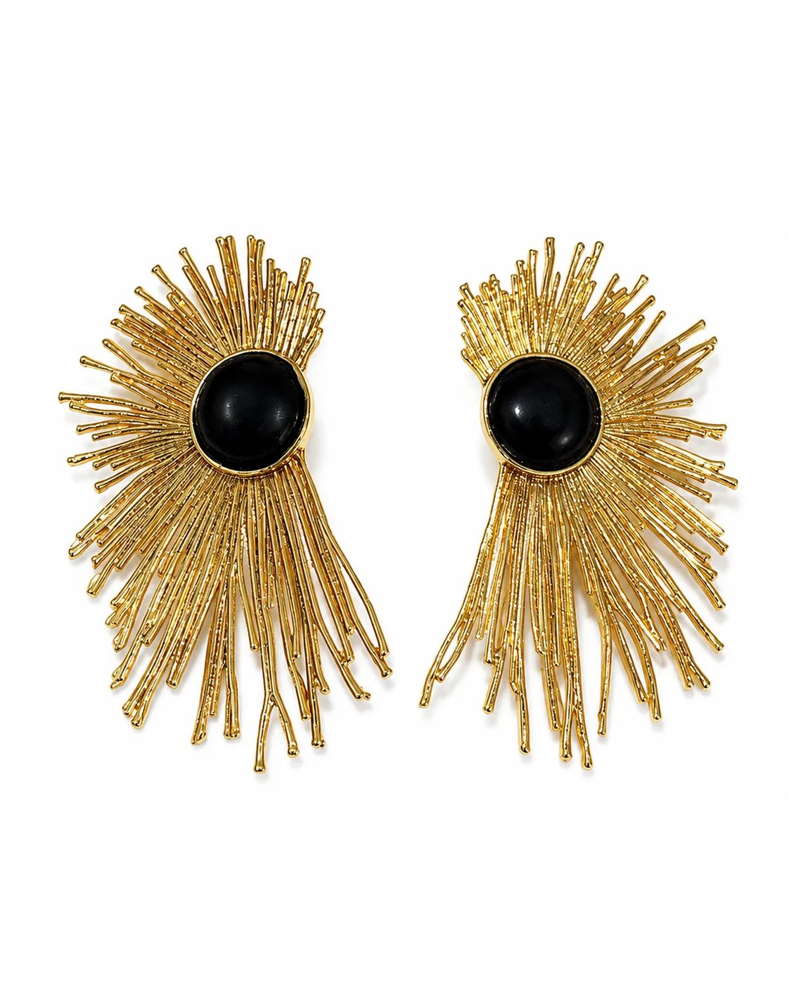 Black onyx gold-plated brass sunburst statement earrings with glossy round black center stones and radiant gold detailing