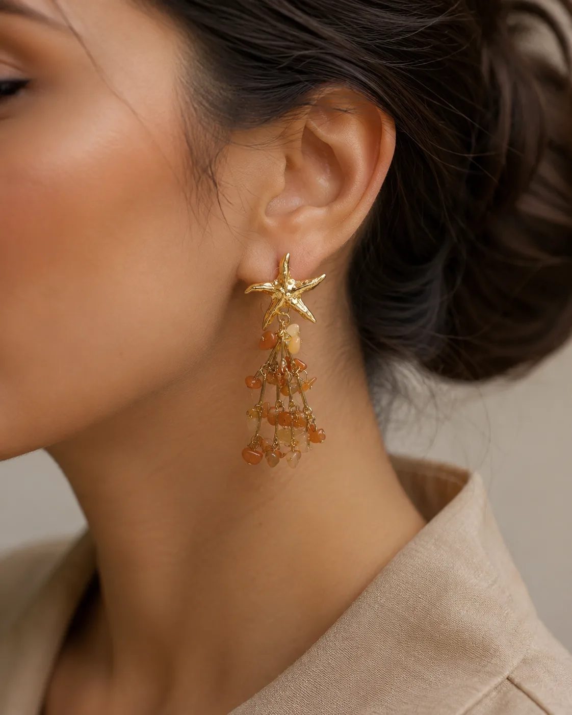 Starfish Carnelian Gold Plated Brass Tassel Earrings
