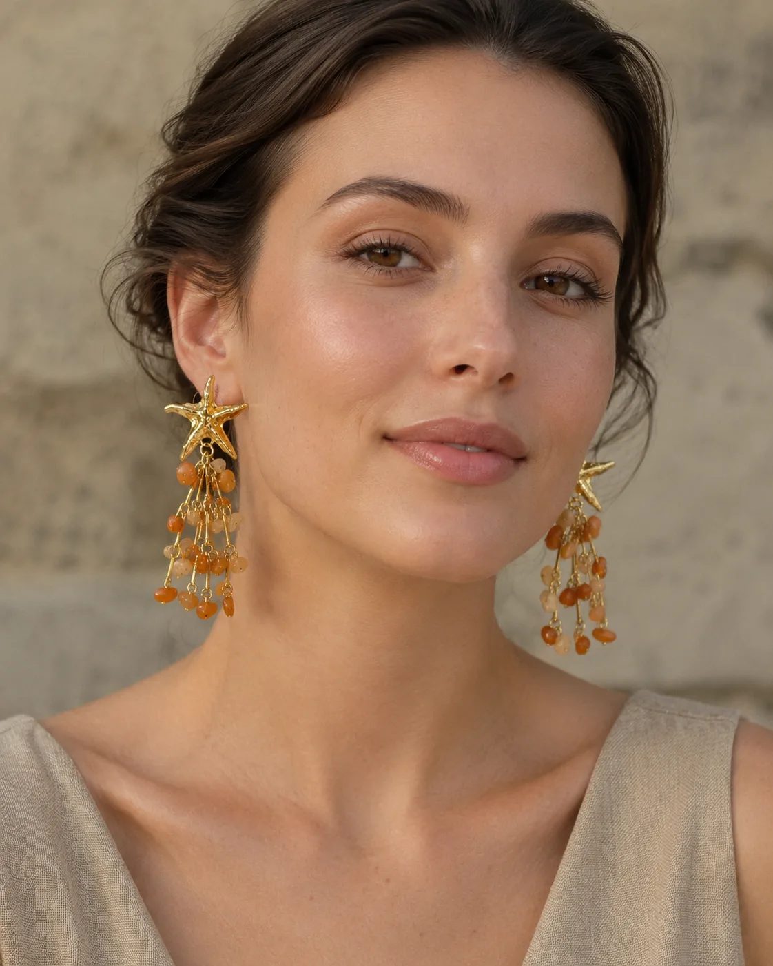 Starfish Carnelian Gold Plated Brass Tassel Earrings