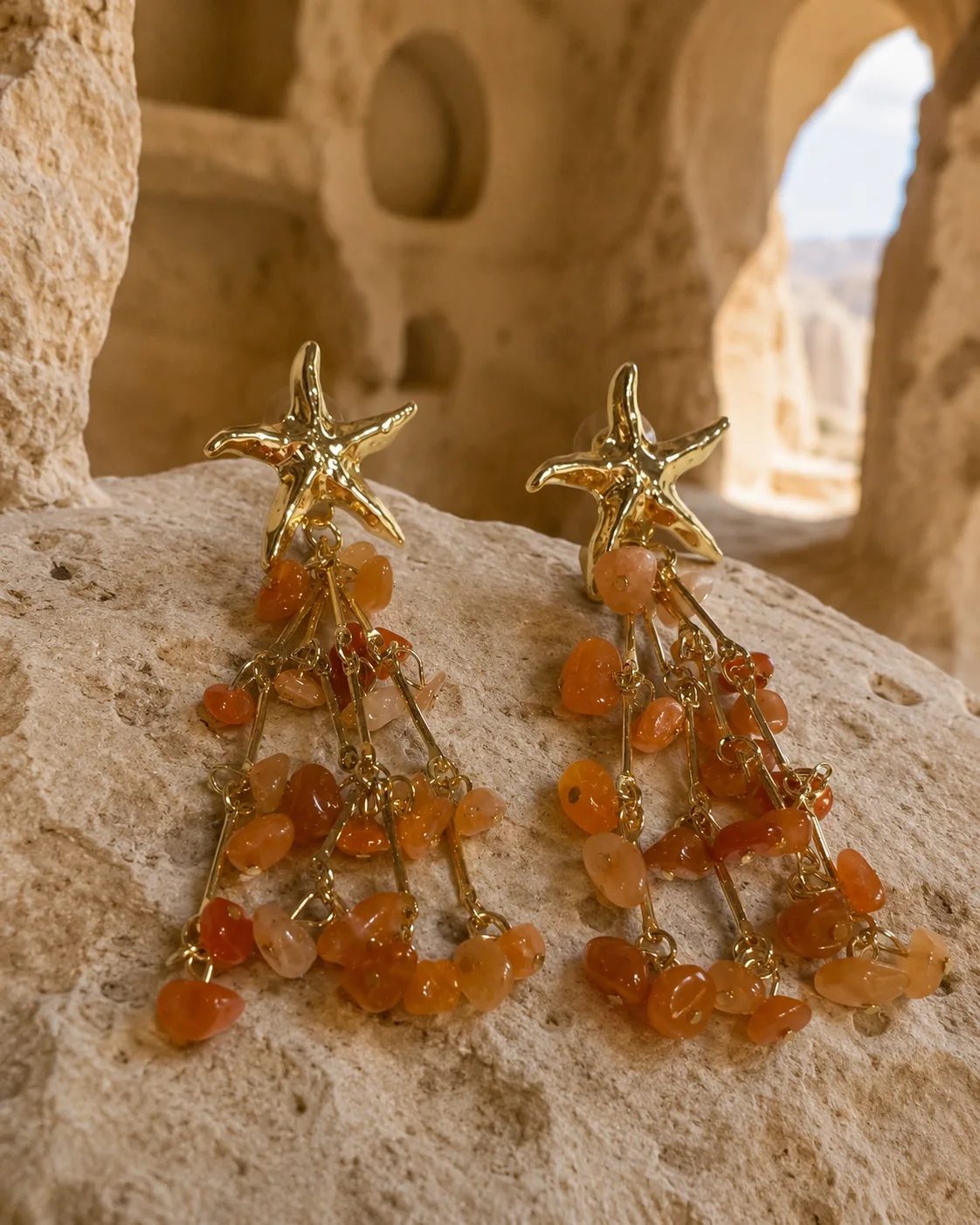Starfish Carnelian Gold Plated Brass Tassel Earrings