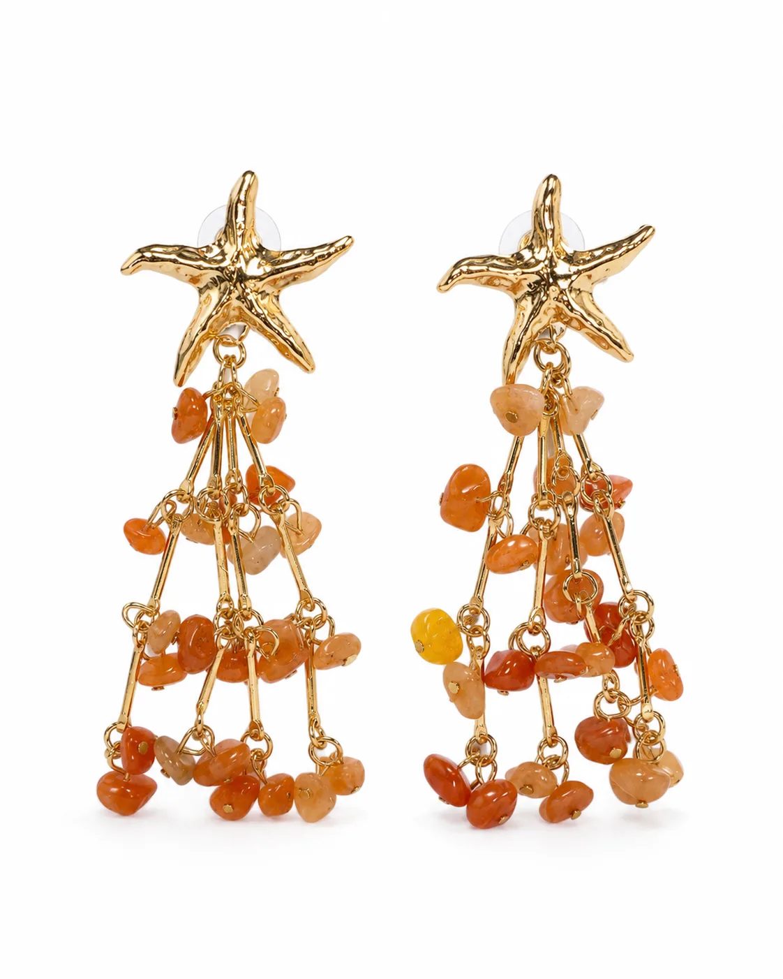 Gold plated brass starfish tassel earrings with cascading carnelian chip beads in orange and peach tones