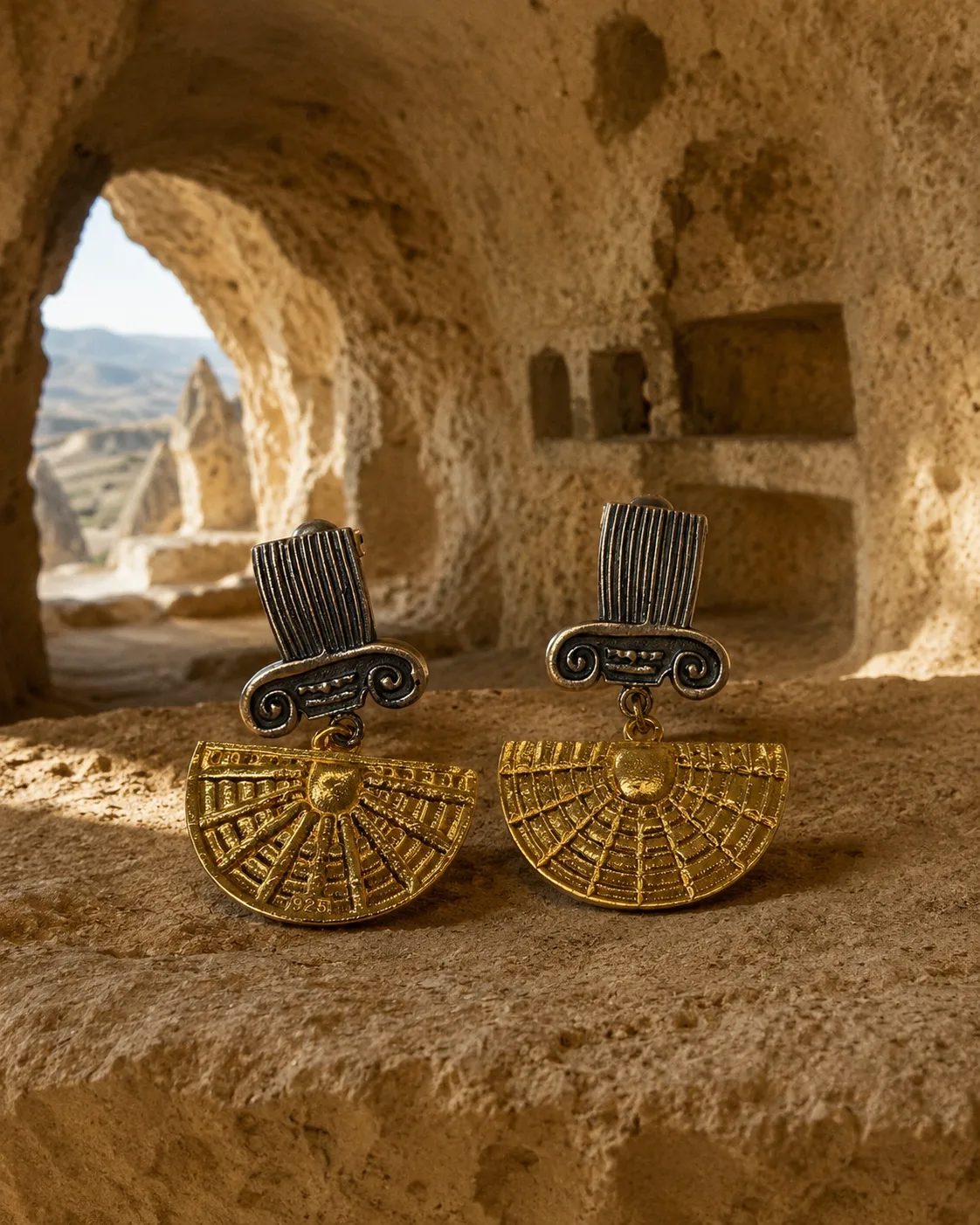 Egyptian Fan Sterling Silver Gold Plated Drop Earrings