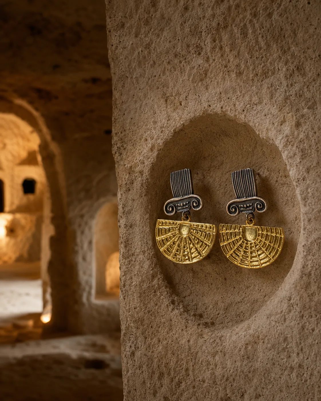 Egyptian Fan Sterling Silver Gold Plated Drop Earrings
