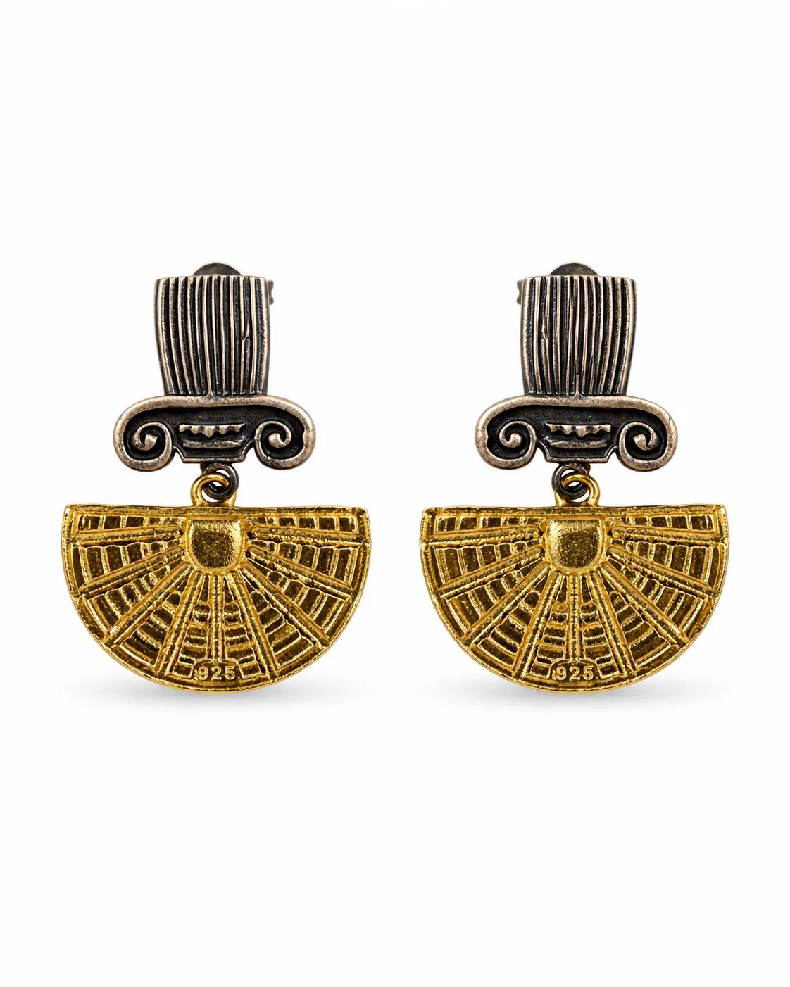 Gold-plated 925 sterling silver Egyptian fan drop earrings with oxidized architectural stud tops on a white background