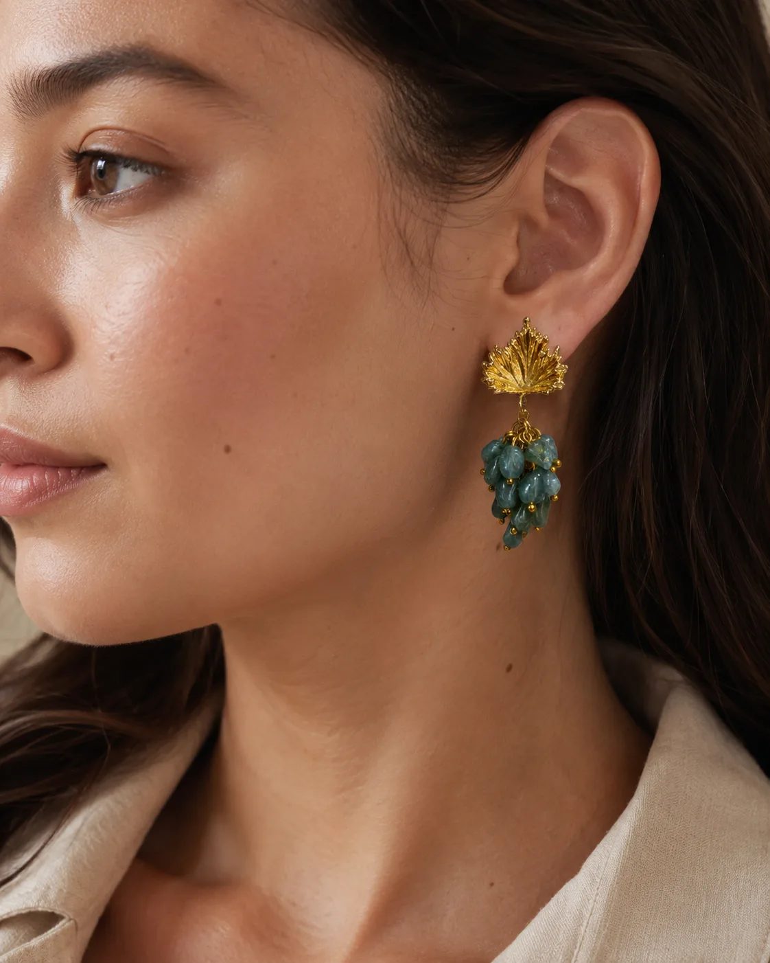 Green Fluorite Cluster Brass Earrings