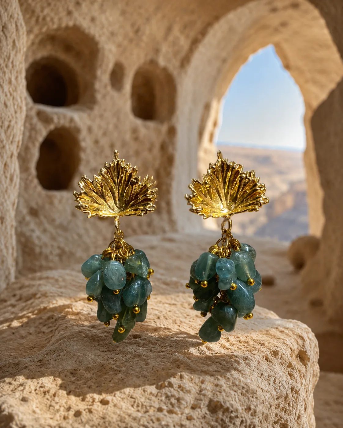 Green Fluorite Cluster Brass Earrings