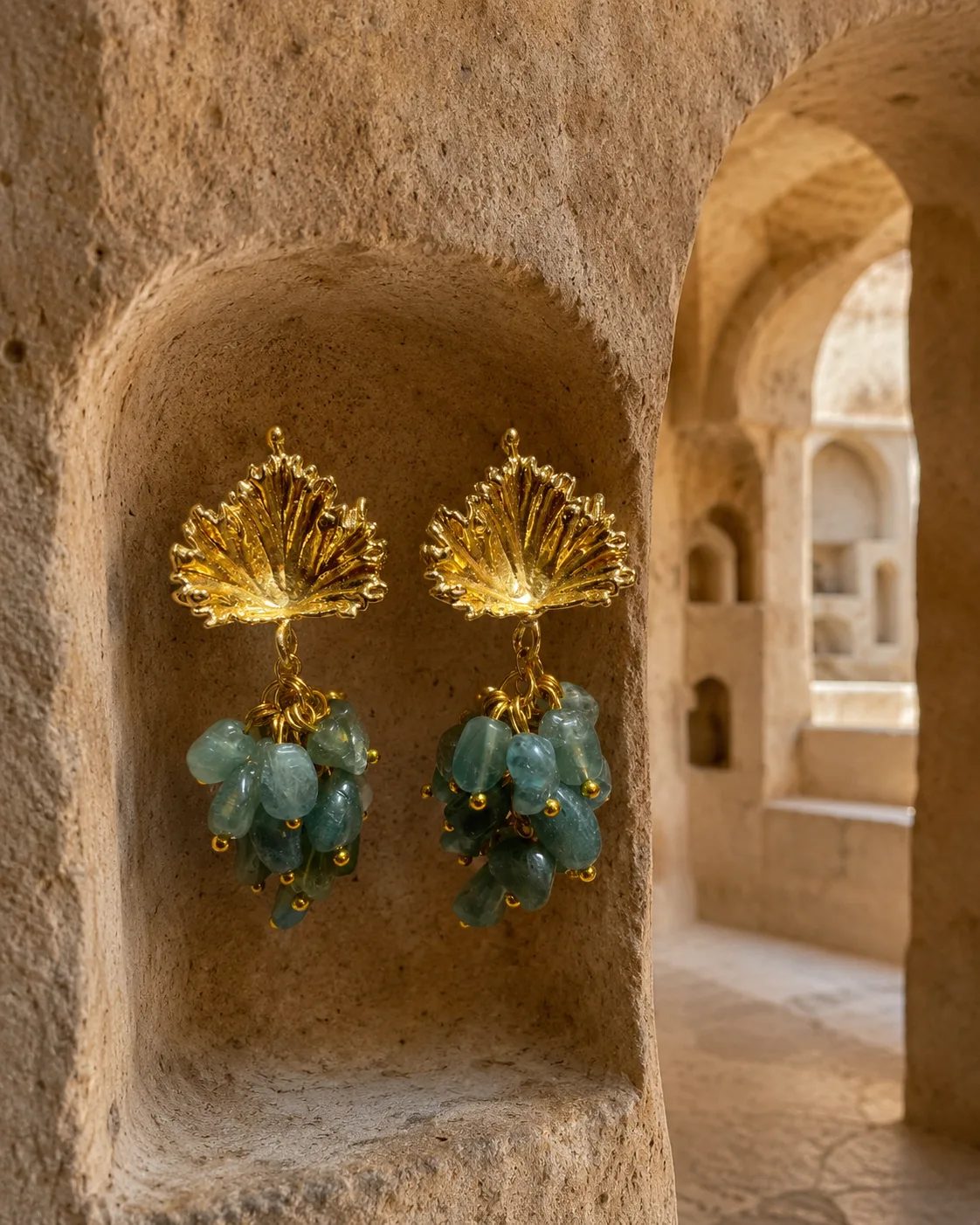 Green Fluorite Cluster Brass Earrings