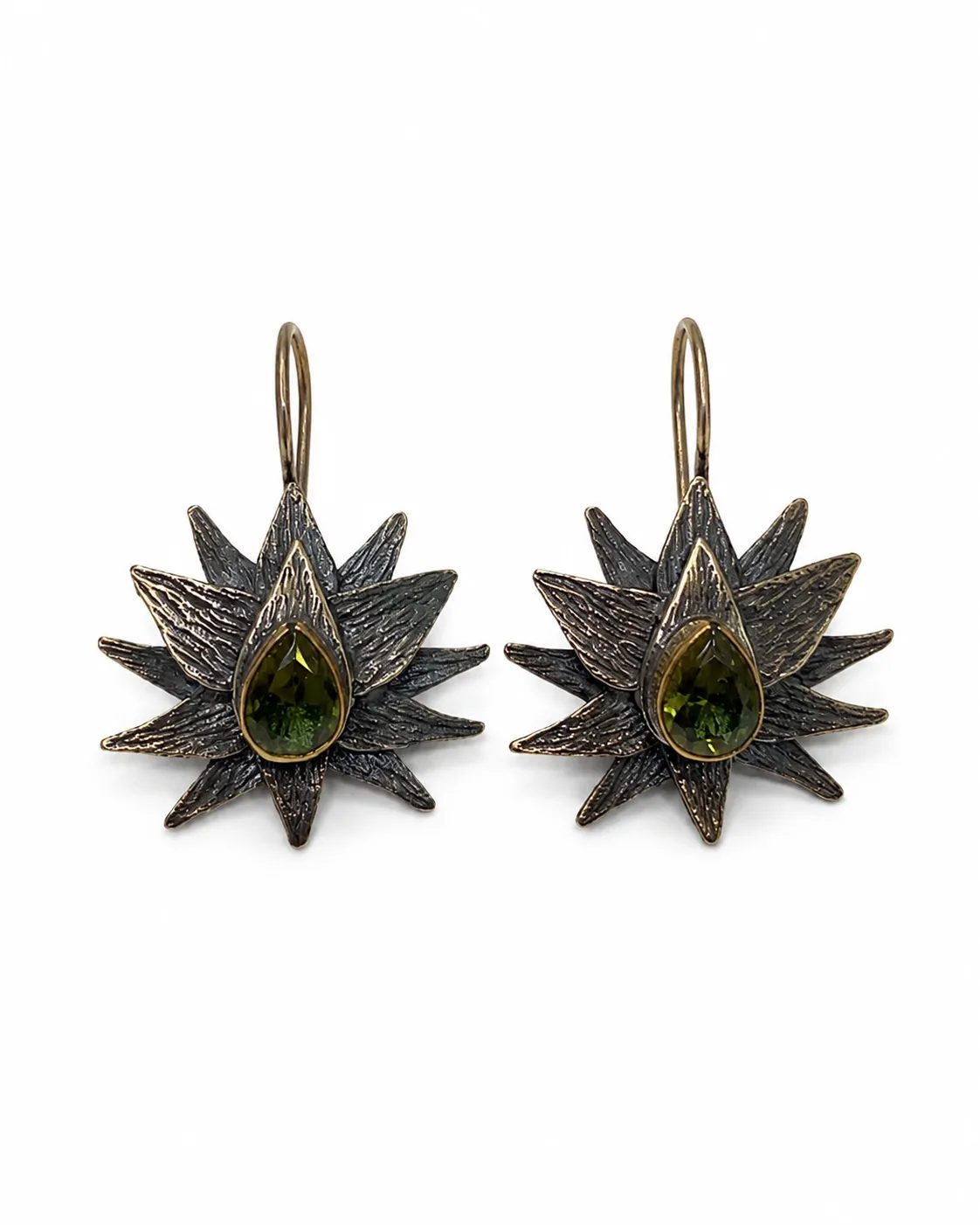Pear-cut zultanite sterling silver lotus drop earrings with oxidized textured petals and green color-changing gemstones