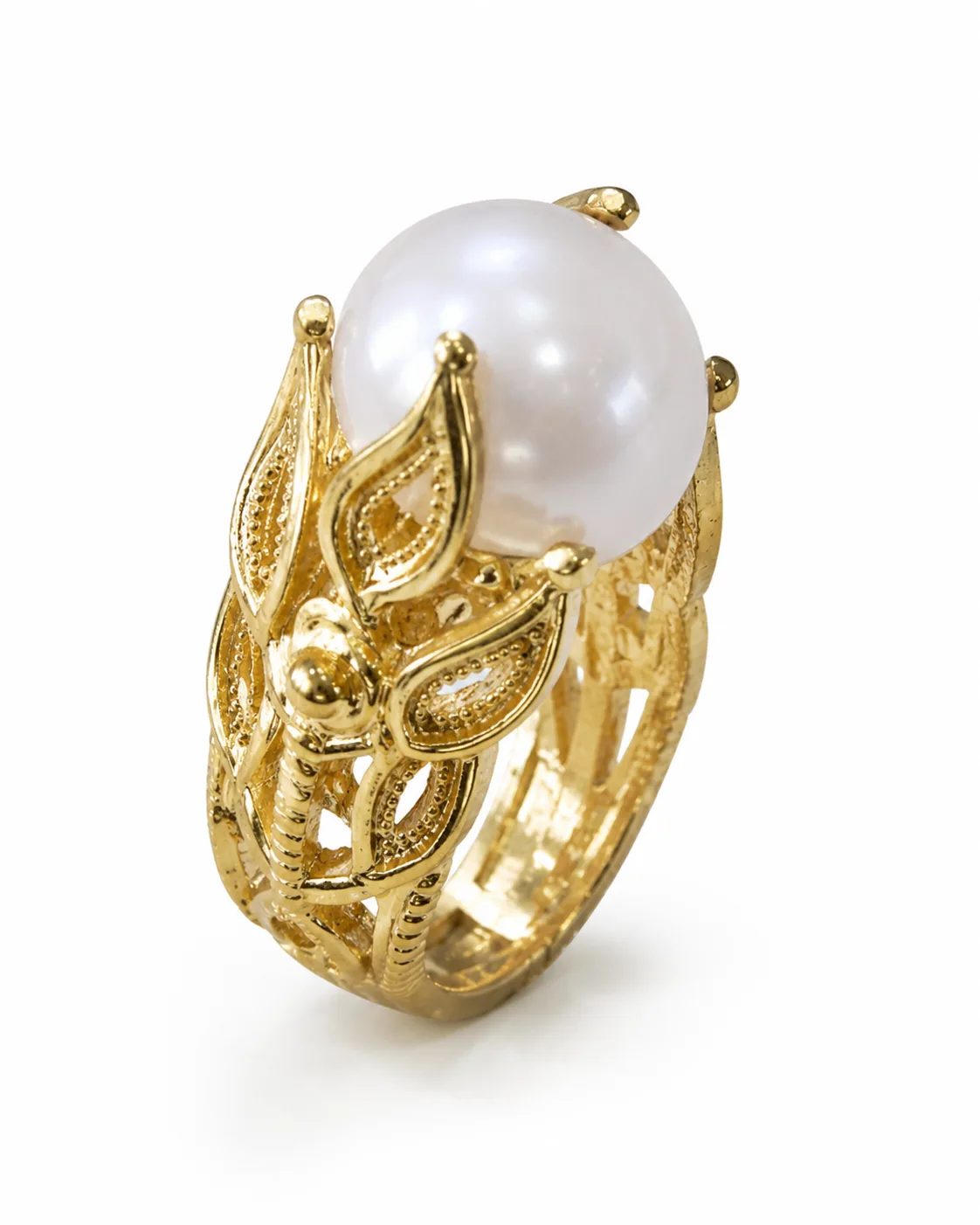 Gold-plated sterling silver statement ring with a large round white pearl, sculptural leaves and ornate botanical filigree