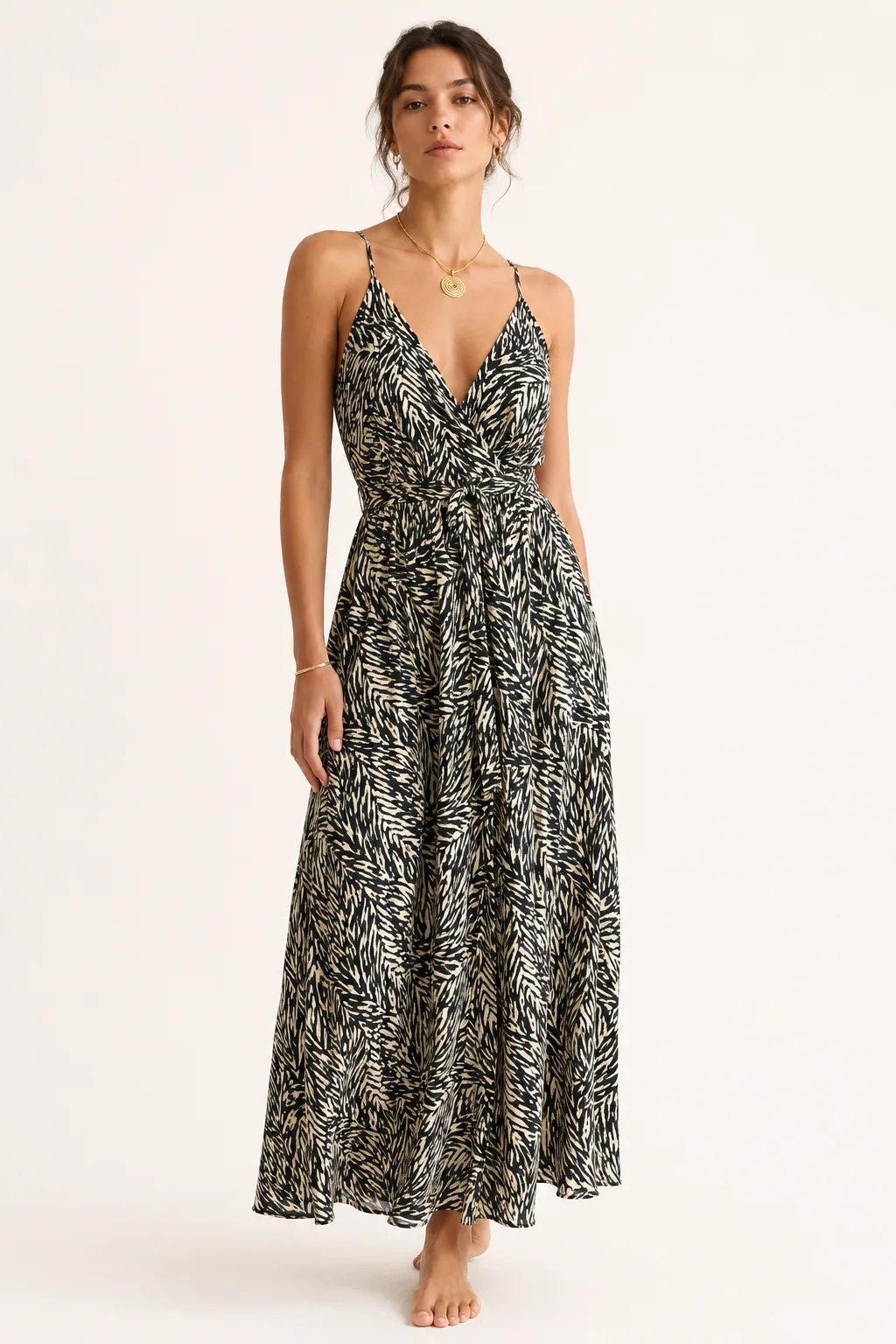 Black and ivory dress with deep V neckline and adjustable waist tie