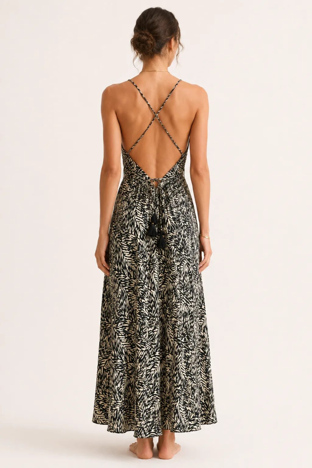 Abstract print maxi dress with crisscross back straps