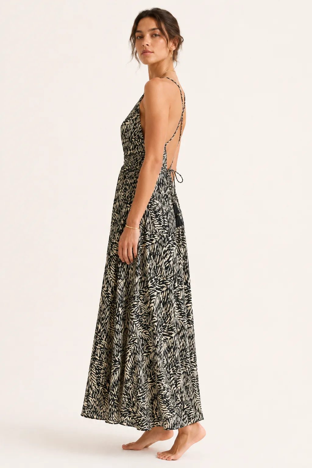Wild Ink flowing maxi dress rear view with tassel ties