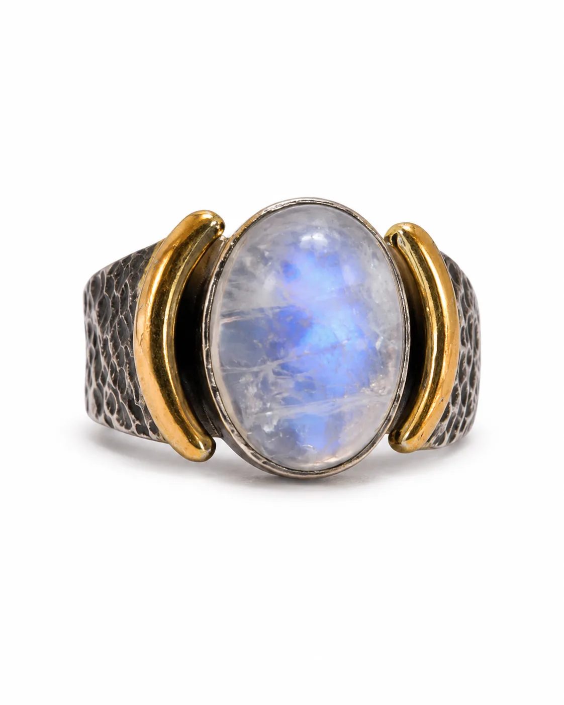 Blue flash moonstone sterling silver statement ring with an oval cabochon stone, bronze accents and a wide oxidized textured band