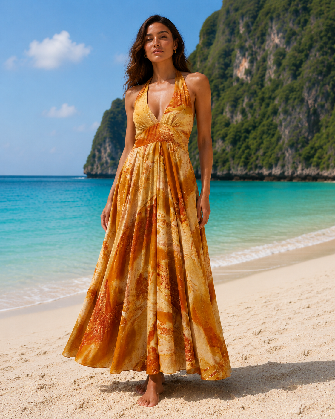 Hera golden silk halter maxi resort dress with warm amber and honey tones worn on a tropical beach