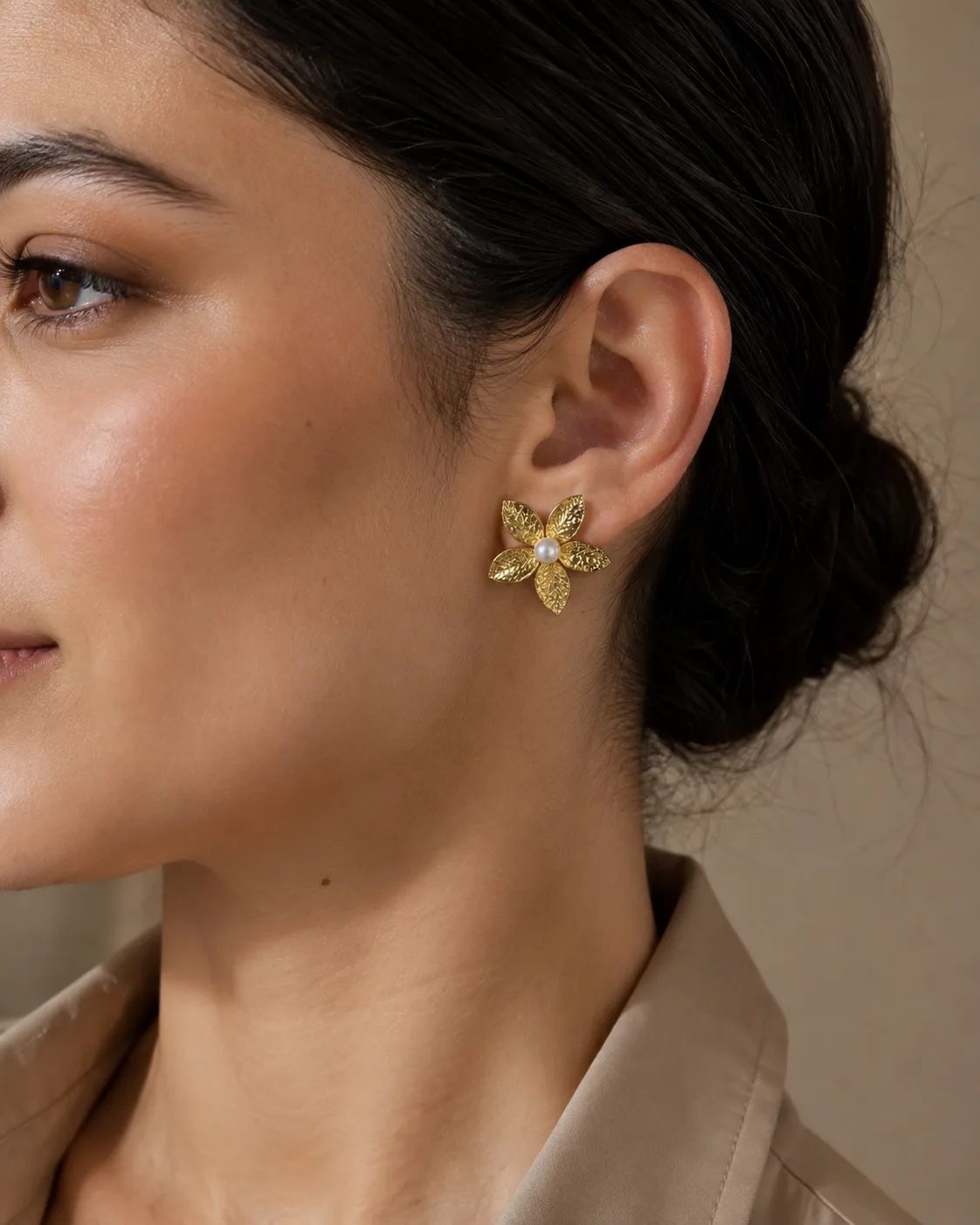 Pearl Gold Plated Floral Stud Earrings
