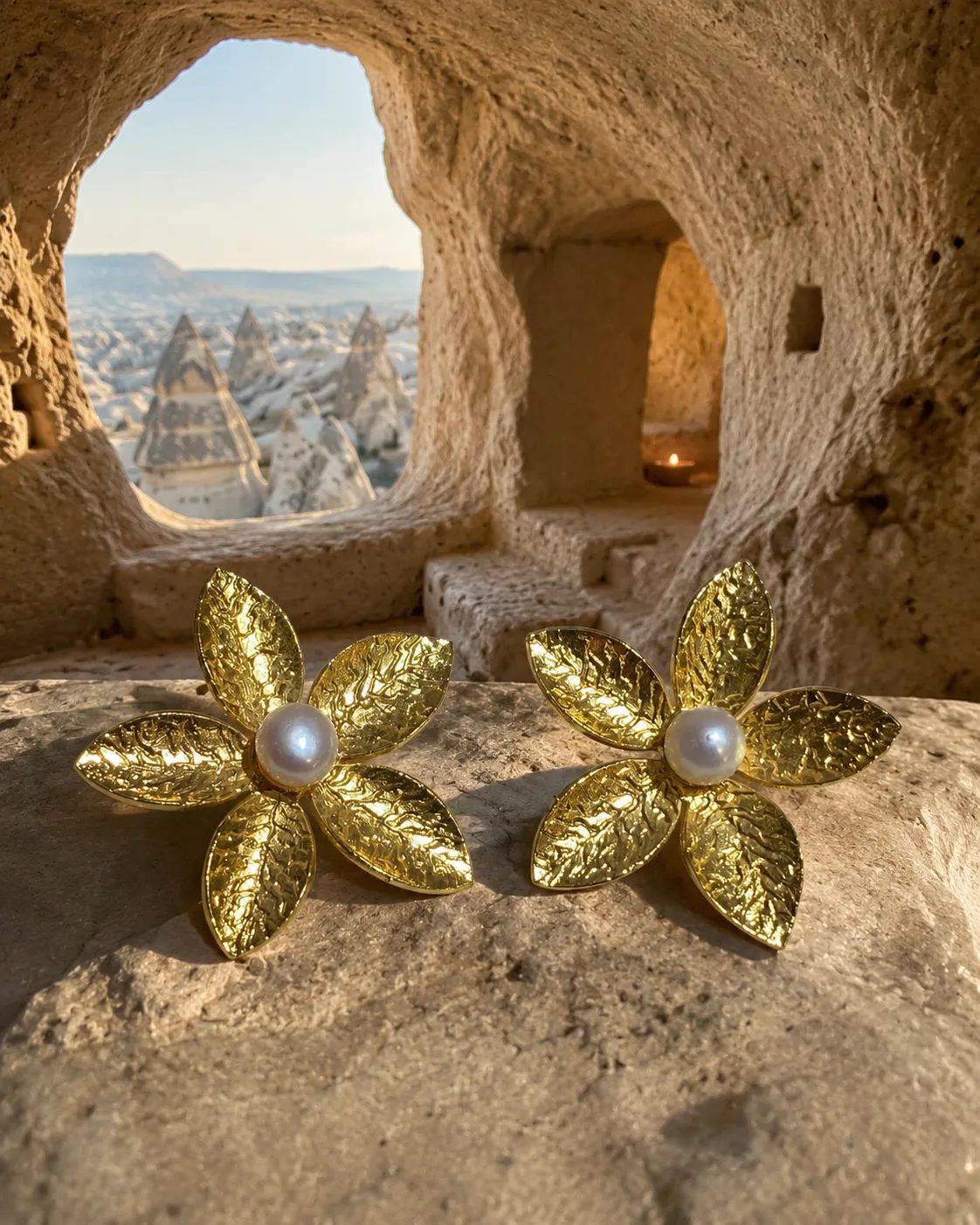 Pearl Gold Plated Floral Stud Earrings