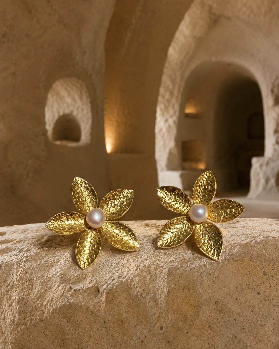 Pearl Gold Plated Floral Stud Earrings