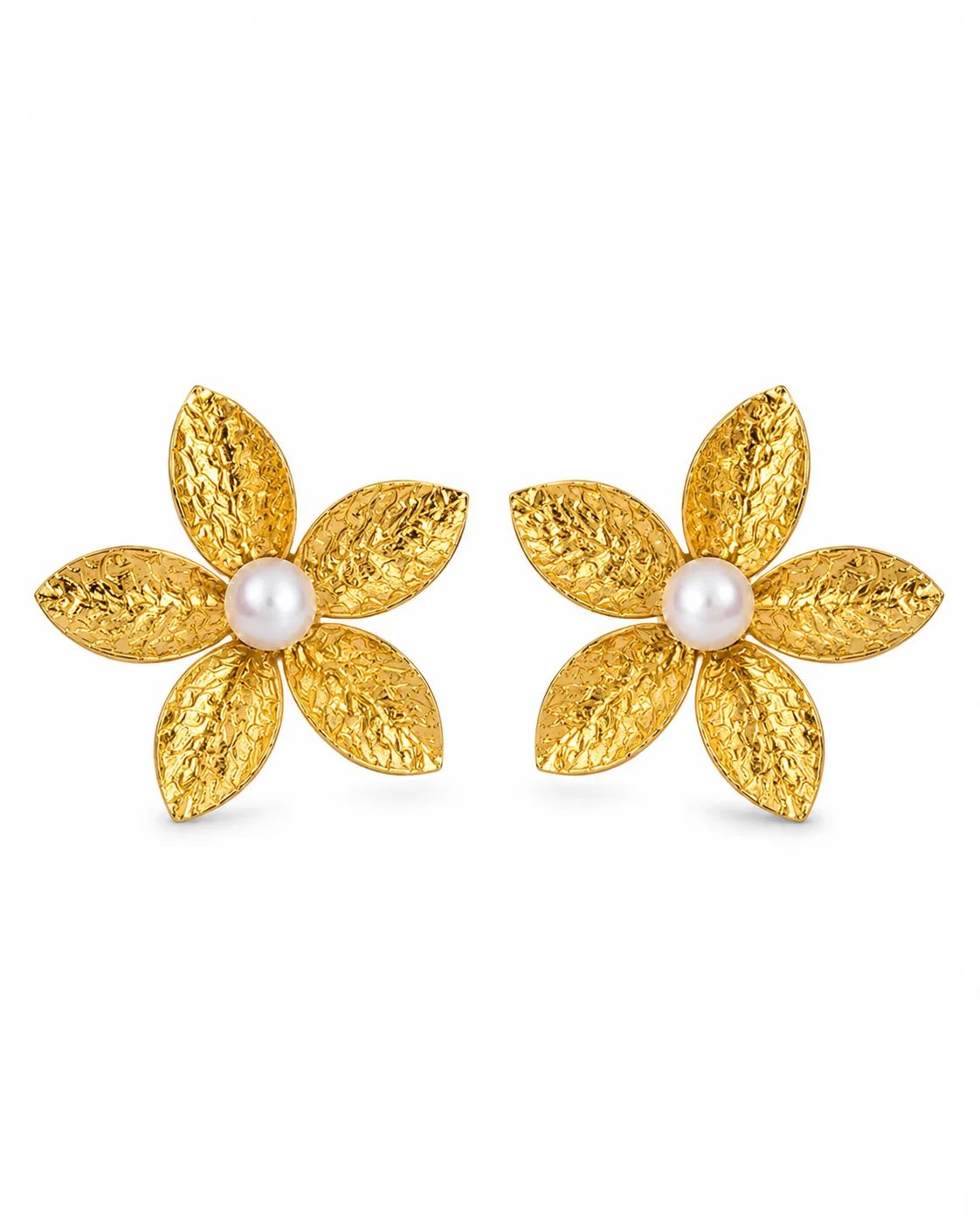 Pearl gold plated floral stud earrings with textured five-petal flower design