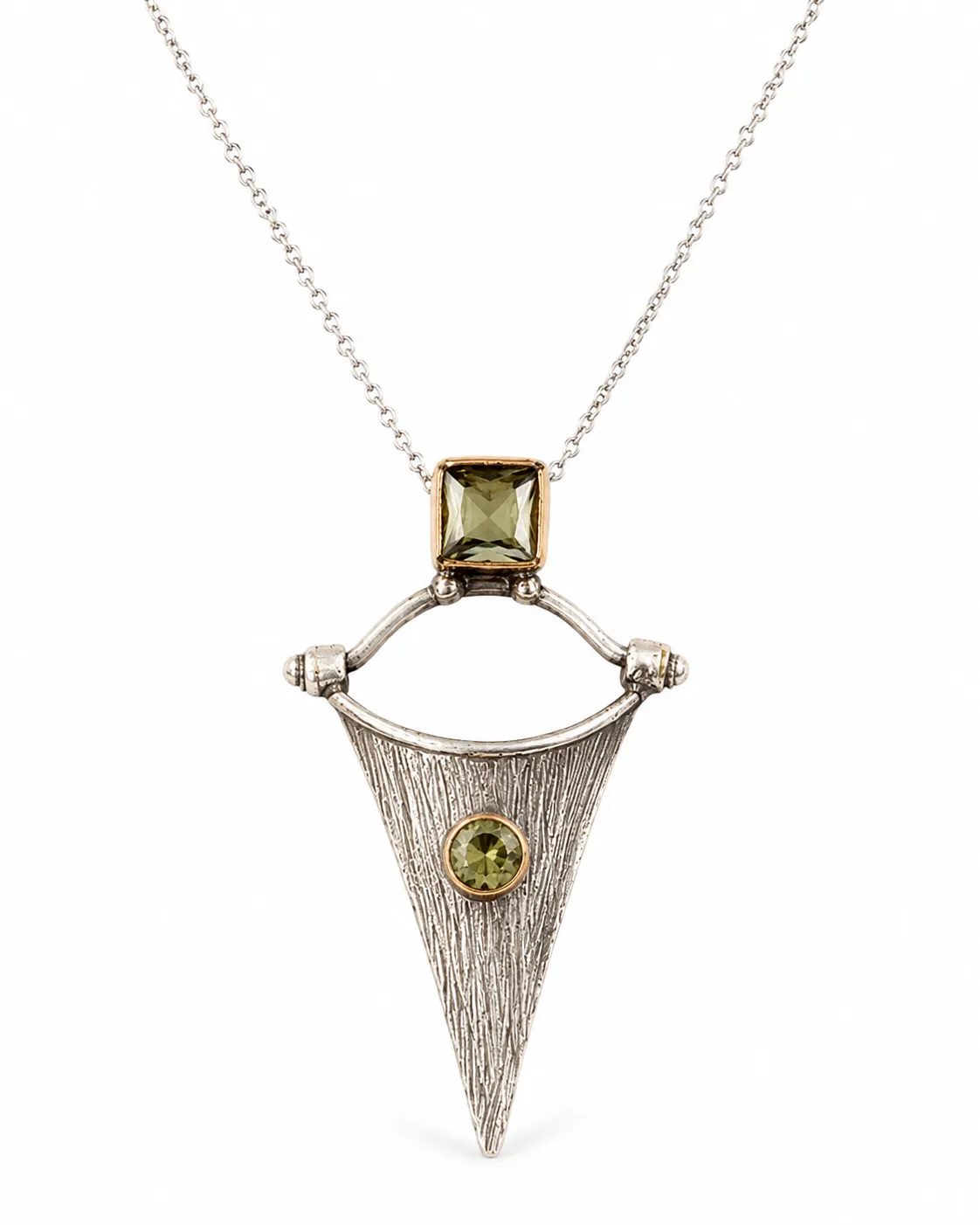 Zultanite sterling silver triangle pendant necklace with square and round green gemstones, genuine bronze settings and textured silver details