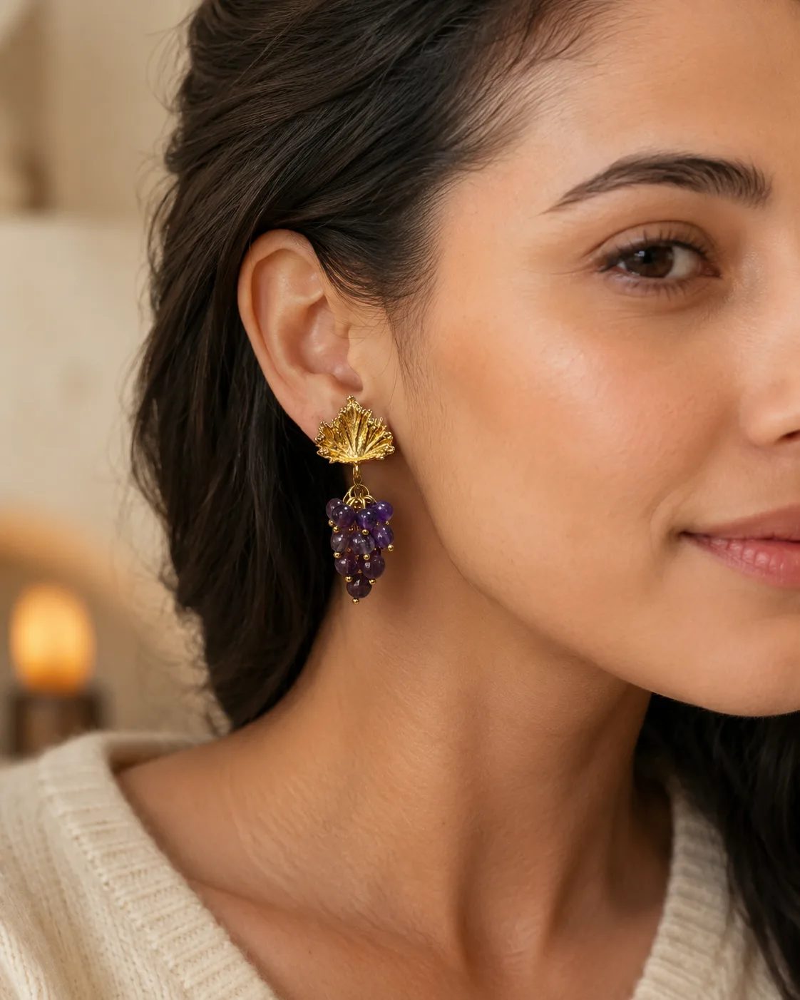 Amethyst Cluster Brass Earrings
