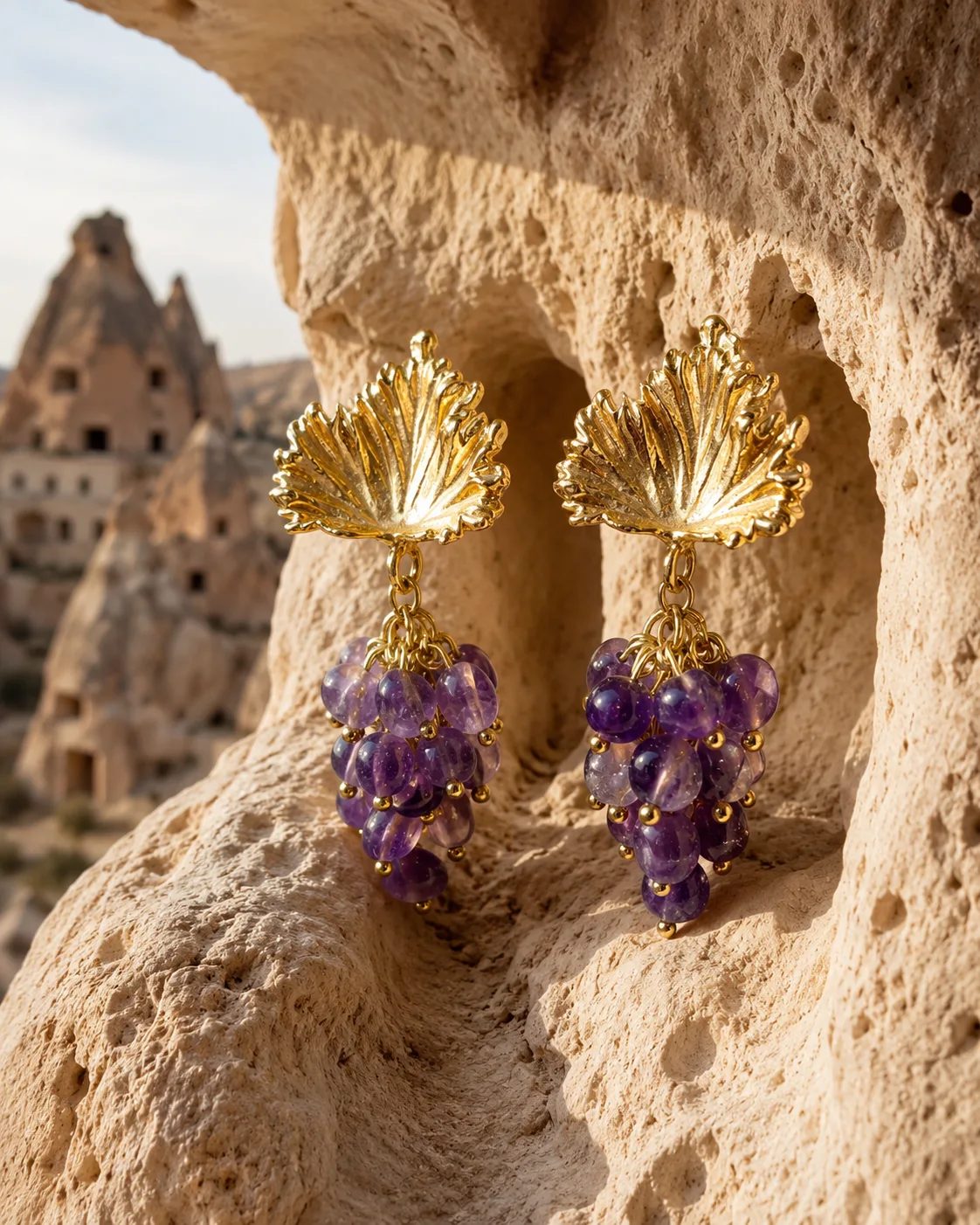 Amethyst Cluster Brass Earrings