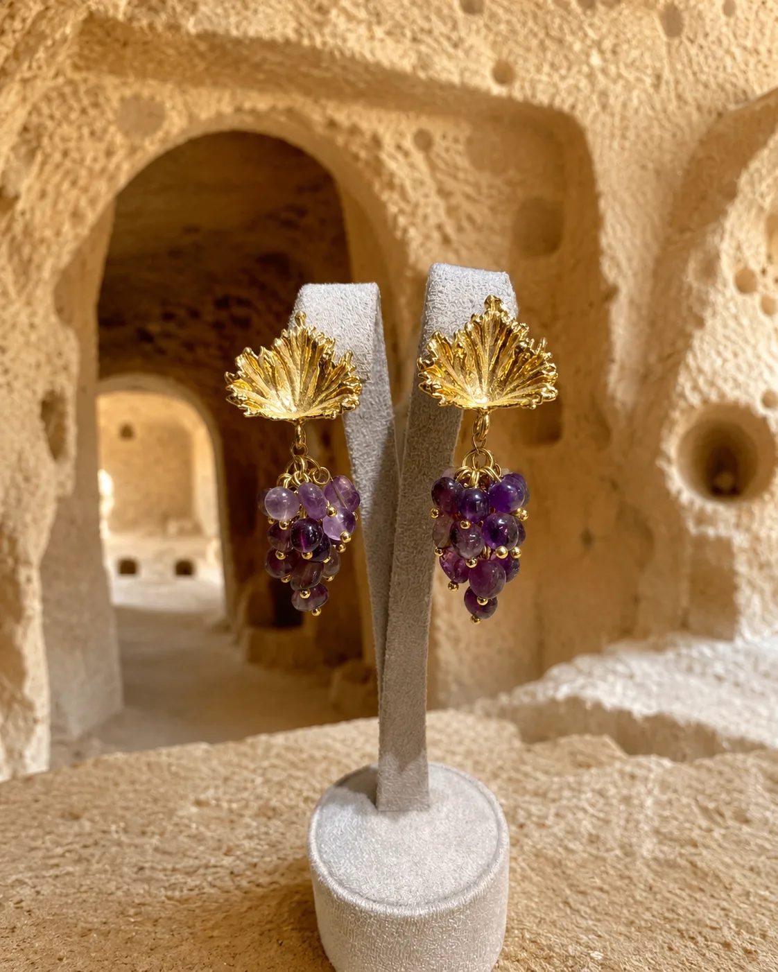 Amethyst Cluster Brass Earrings