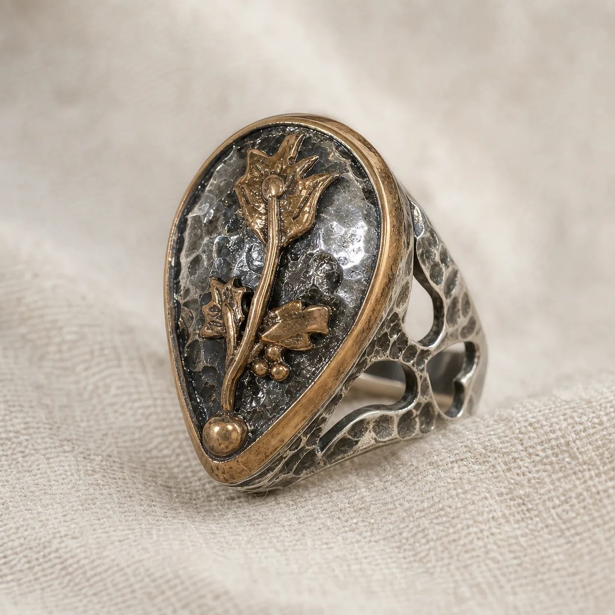 Bronze Tulip Teardrop Ring in Hammered Silver