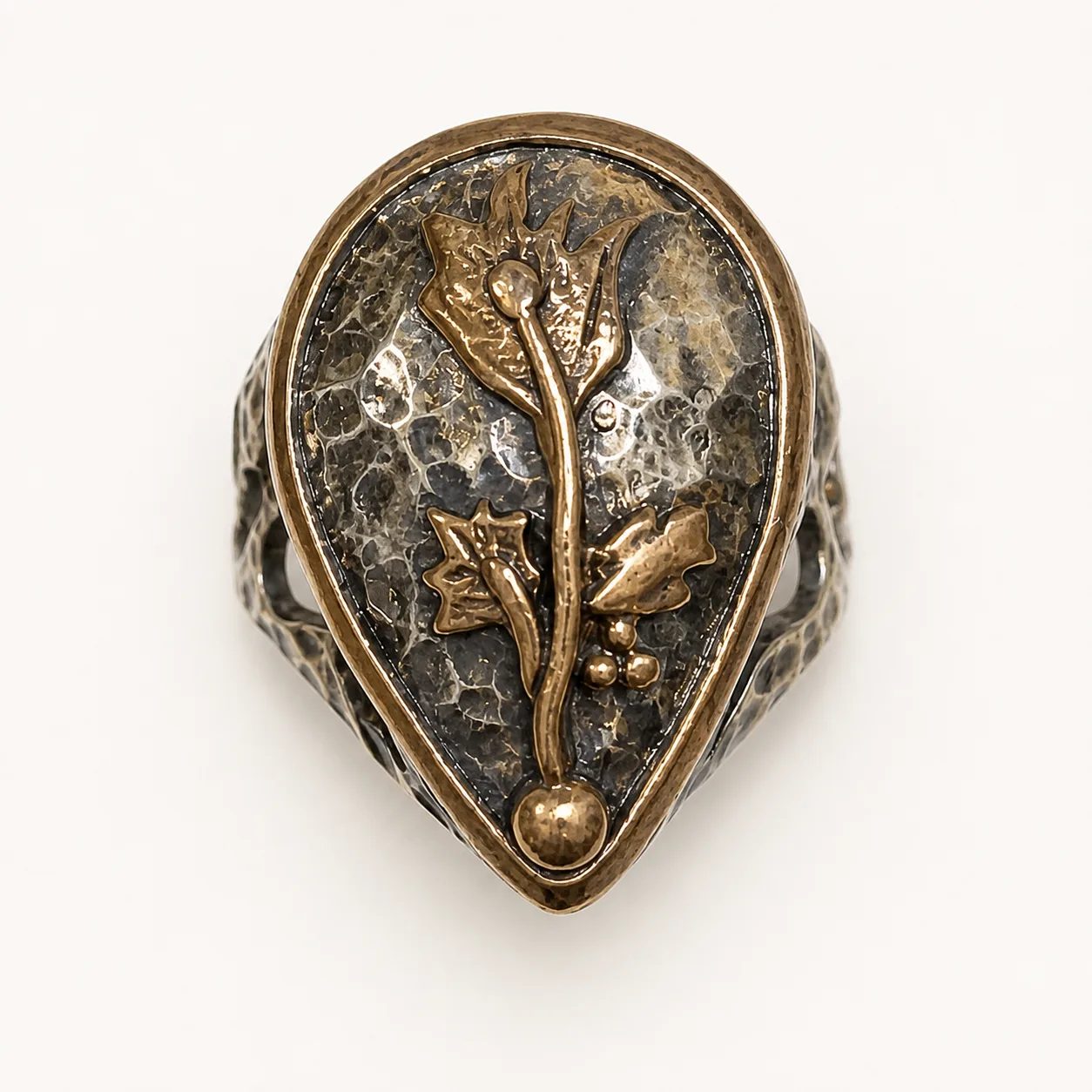 Bronze Tulip Teardrop Ring in Hammered Silver