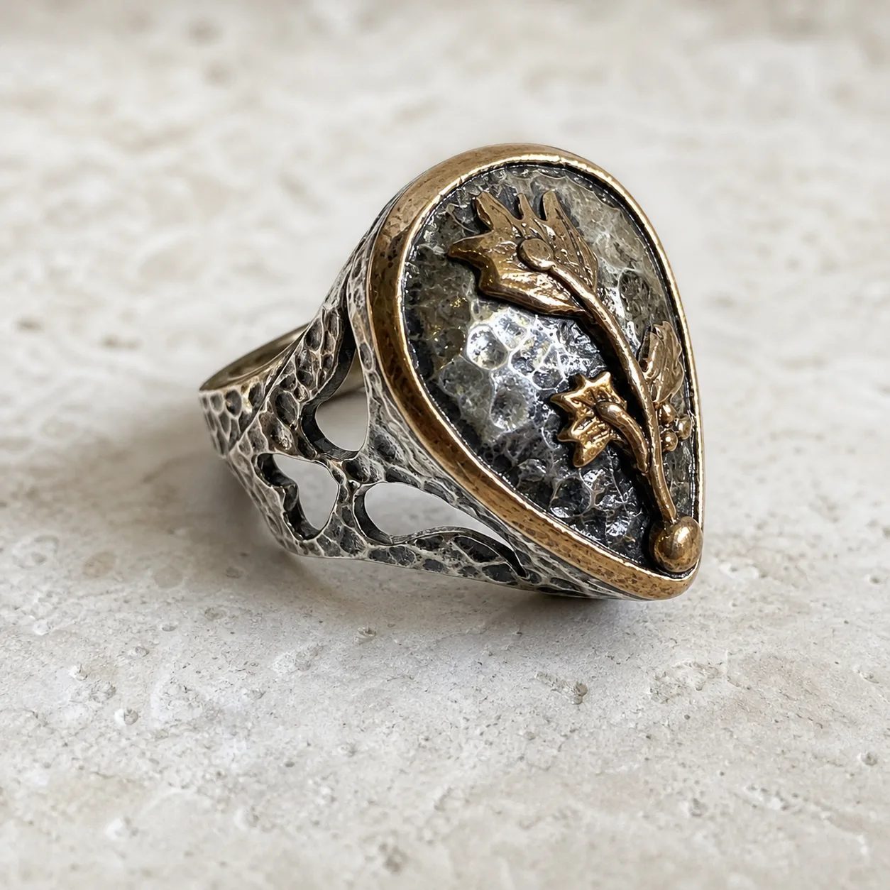 Bronze Tulip Teardrop Ring in Hammered Silver
