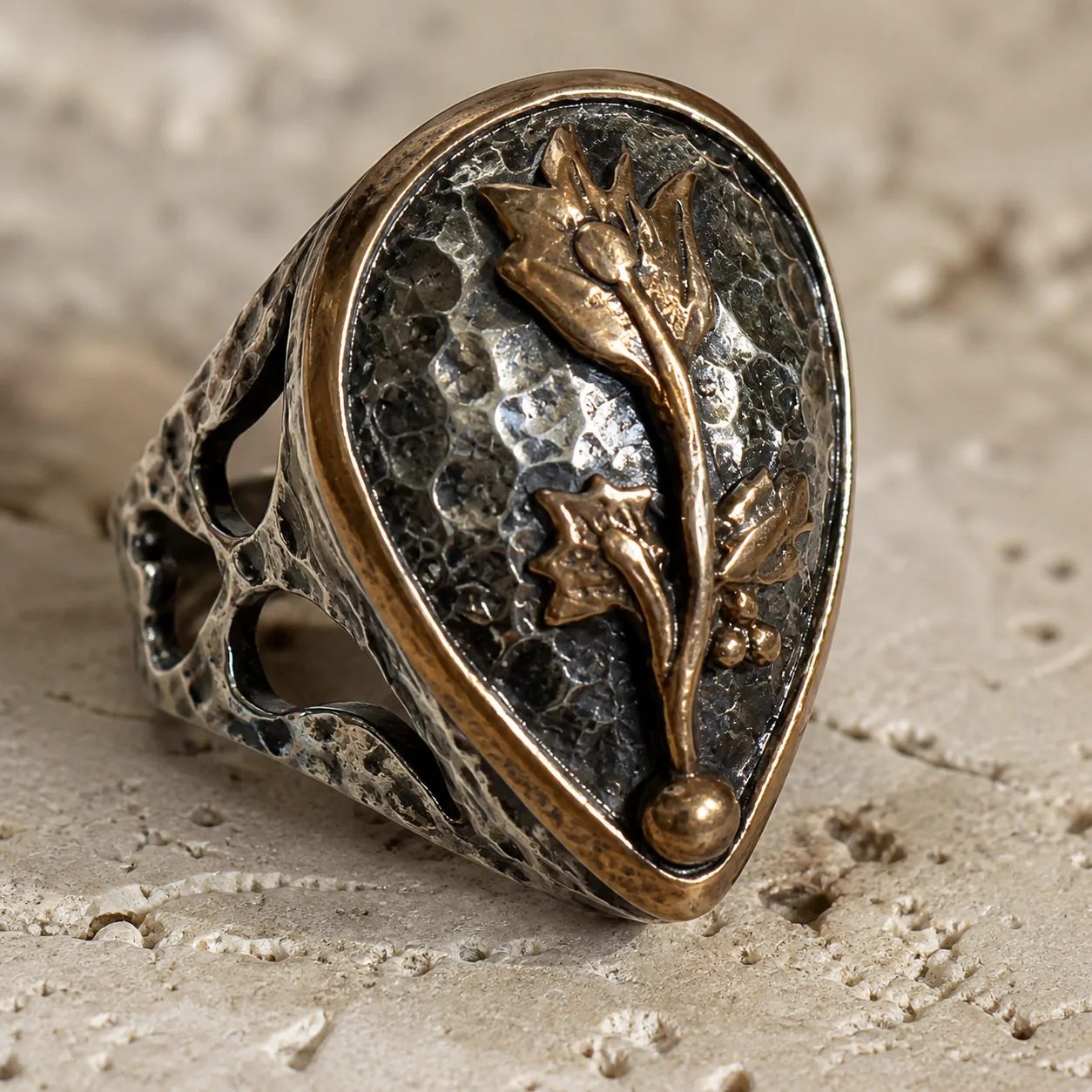 Bronze Tulip Teardrop Ring in Hammered Silver