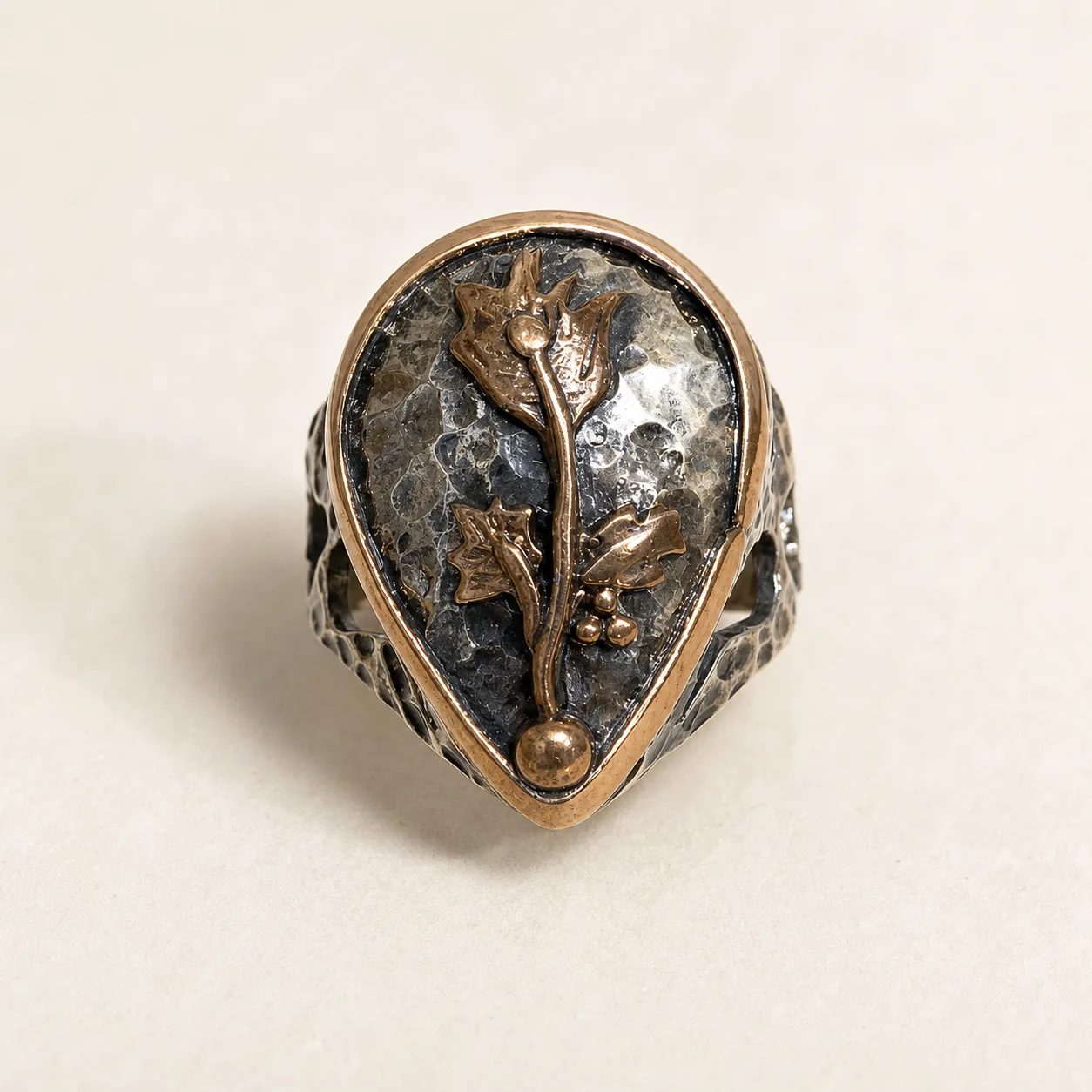Bronze Tulip Teardrop Ring in Hammered Silver